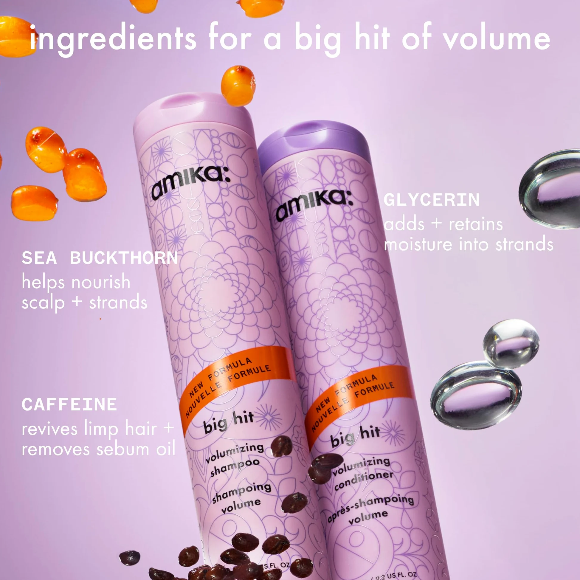 amika Big Hit Volumizing Shampoo 275 ml, shampoo volumizzante per capelli fini e medi, volume immediato e duraturo, più pienezza e forza senza appesantire, con caffeina e glicerina, vegano