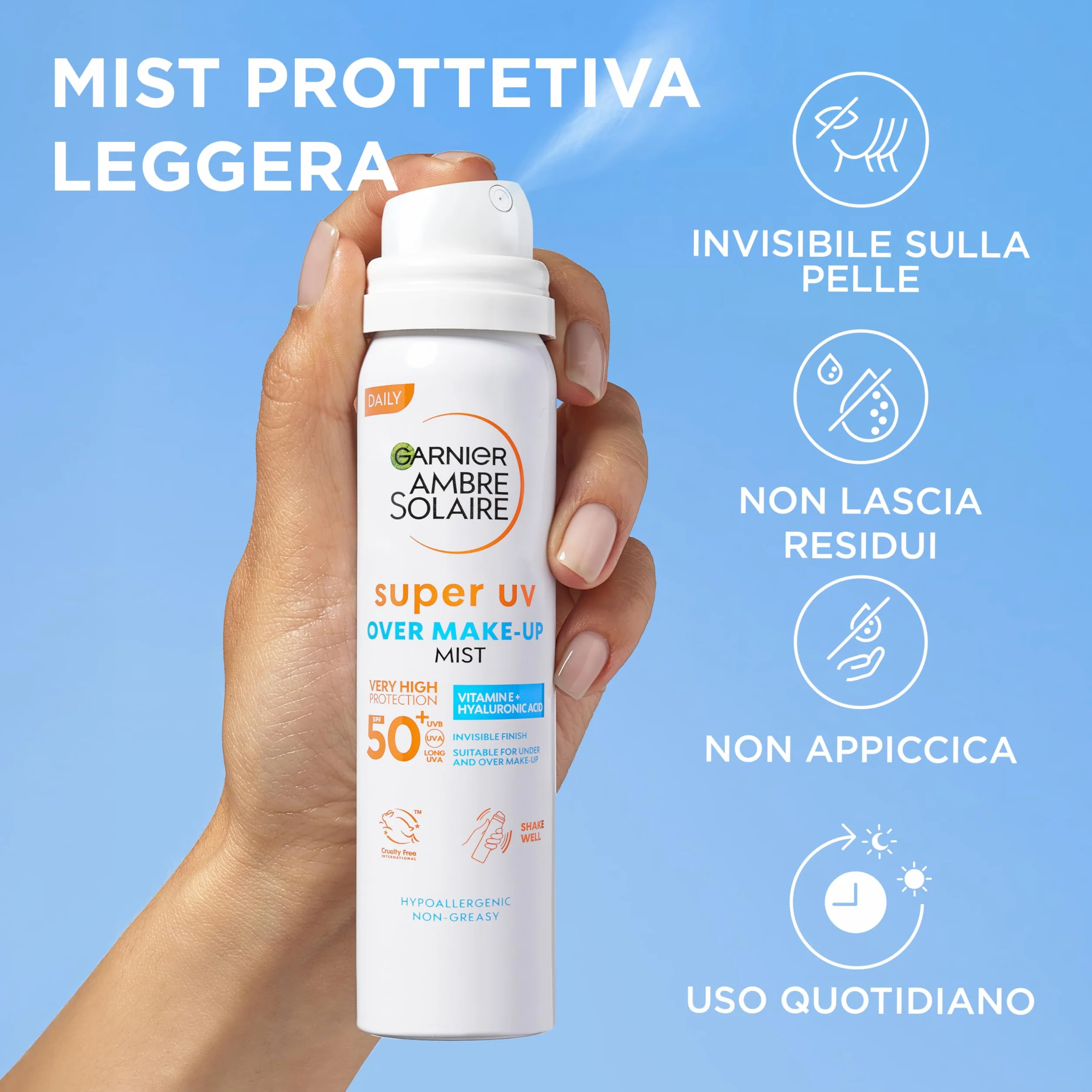 Garnier Spray Fissante Make Up con Protezione Solare SPF50+, Protezione da Macchie Scure, Trucco Perfetto a Lungo, Formula Vegana con Glicerina, Vitamina E e Acido Ialuronico, Ambre Solaire, 75 ml