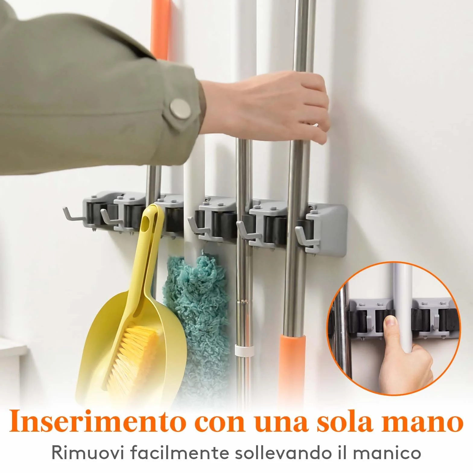 Lifewit Portascope da Muro Appendibile, Supporto Parete per Scopa e Materiali per la Pulizia, 5 slot 6 Ganci, Nero