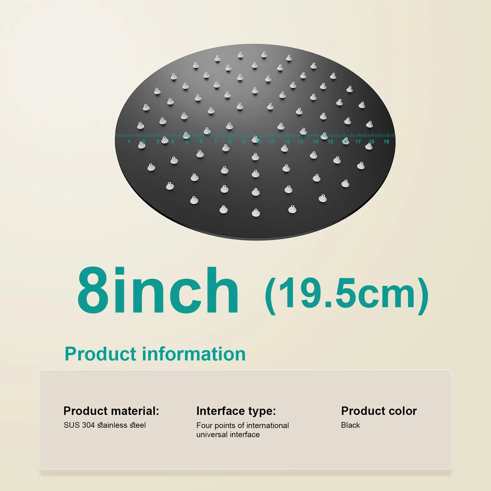 Soffione Doccia a Pioggia in Acciaio Inox 304 Nero 20 cm Docce Fisso Rotondo con Getti Silicone Anticalcare