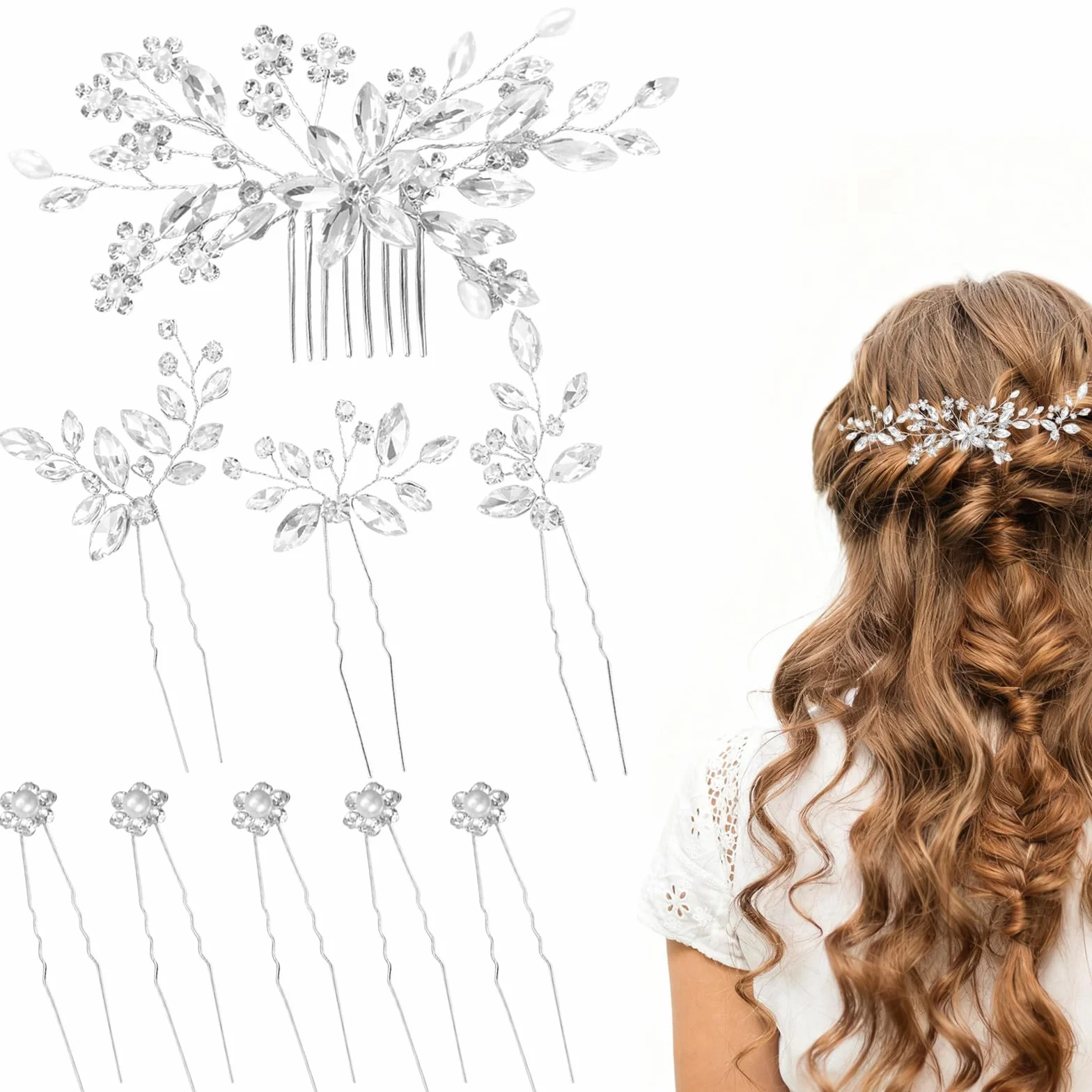10 pezzi di fermaglio per capelli in cristallo argentato, accessori per capelli da sposa per donne, accessori con strass, decorazioni, spille decorative, adatte per spose e damigelle d'onore