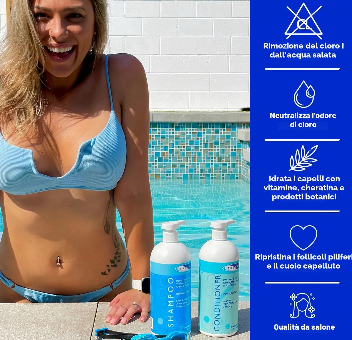 TRISWIM- Shampoo Idratante Per la Rimozione Cloro, Professionale Capelli Idratante Anti Cloro Per Nuotatori, Uomo e Donne Per il Nuoto, Capelli Rimuove la Tinta Verde - 946ml