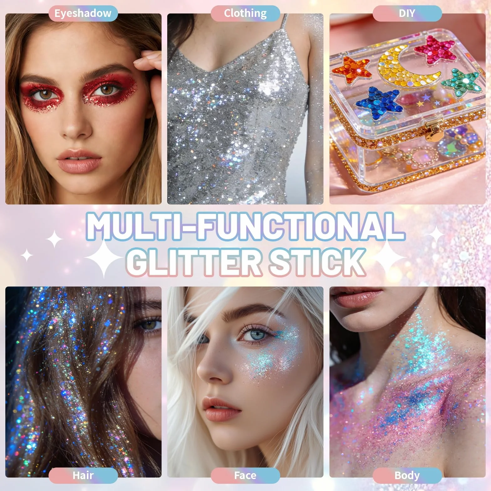 Prreal Sirena Glitter Stick per il Corpo, Glitter Scintillante per Capelli e Viso, Trucco per Donne, Accessori per Outfit da Rave, Glitter Olografico per Viso Sirena, Pennello per Trucco per Donne
