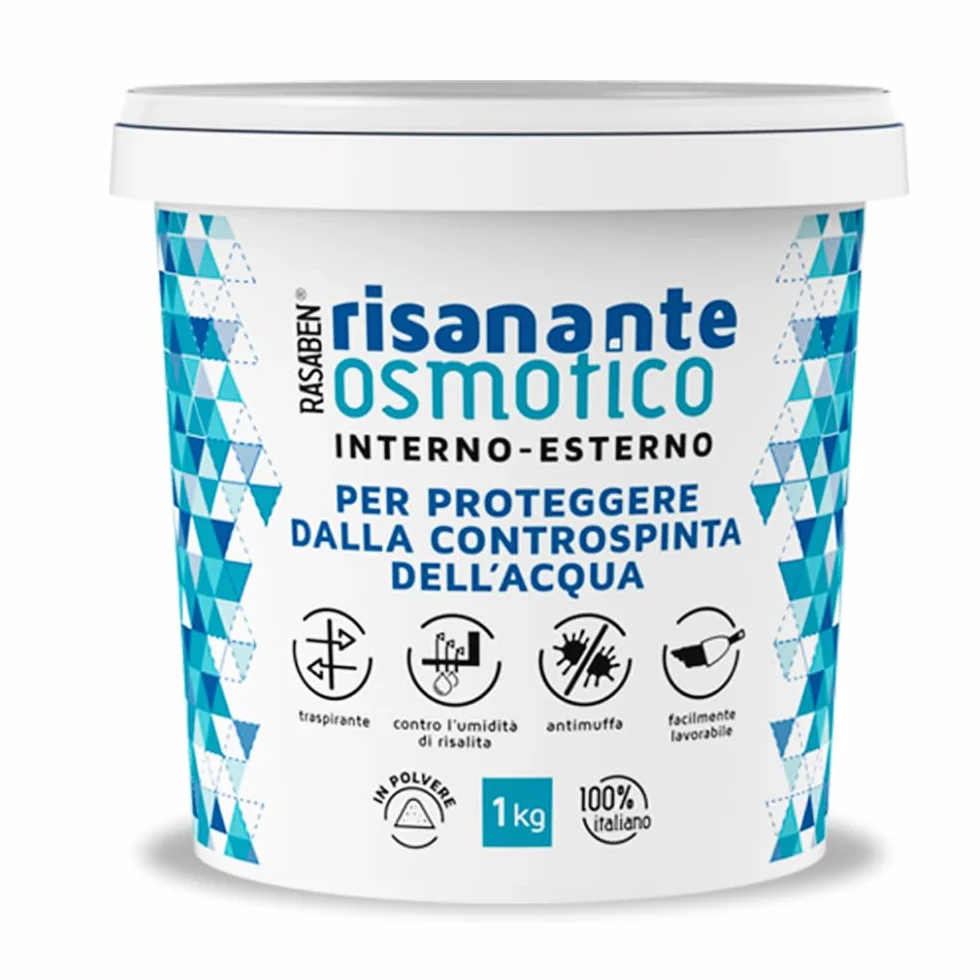 RASABEN Risanante Osmotico Stucco in Polvere per Risanamento Murature Umide Impermeabilizzare Pareti Pavimenti Antimuffa Traspirante 1kg Made in Italy