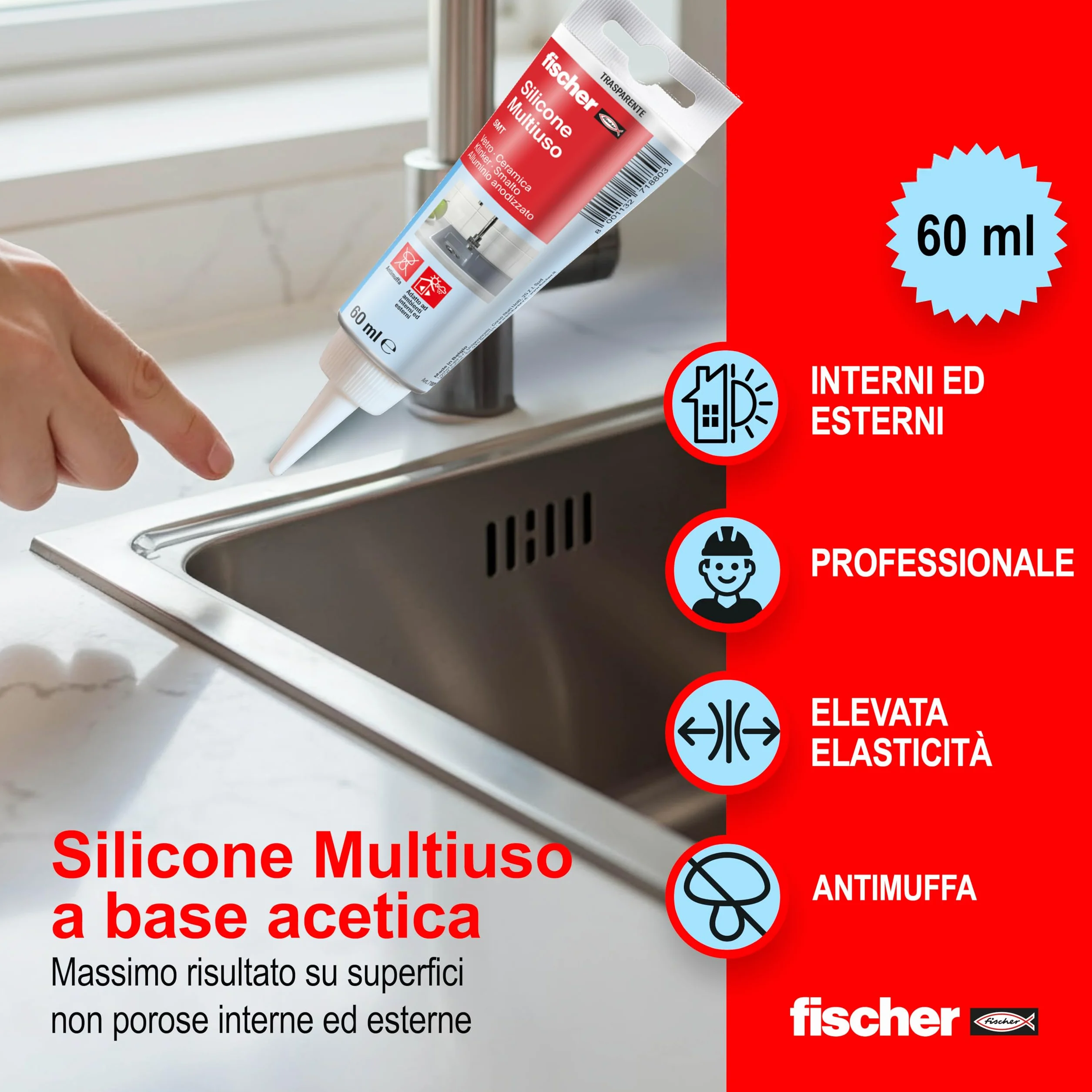 Fischer SMT Silicone Sigillante Multiuso Trasparente Antimuffa Acetico Universale Tubetto 71880