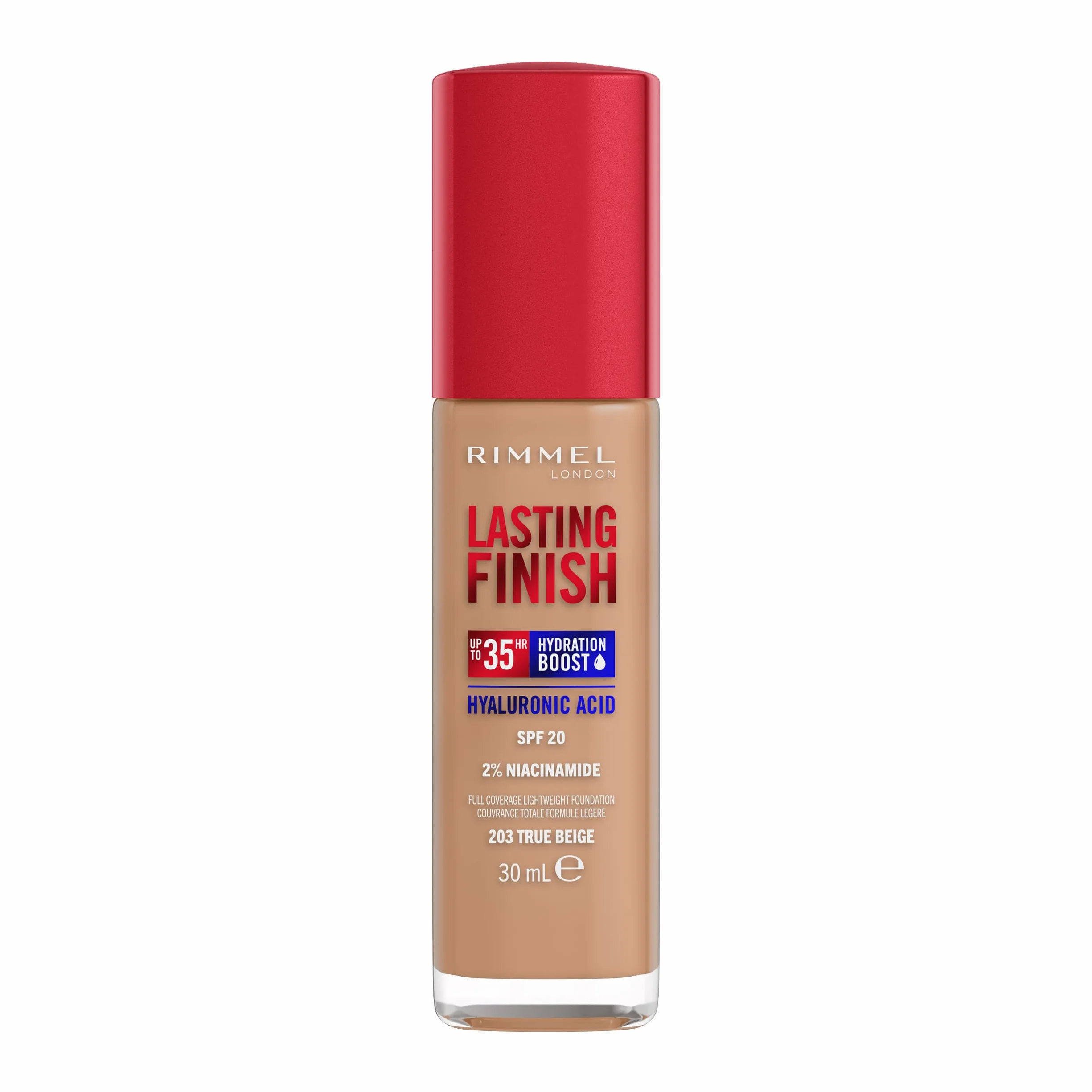 Rimmel London Lasting Finish 35H, 203 True Beige, fondotinta, lunga tenuta, idratante, formula vegana, alta coprenza, 30ml