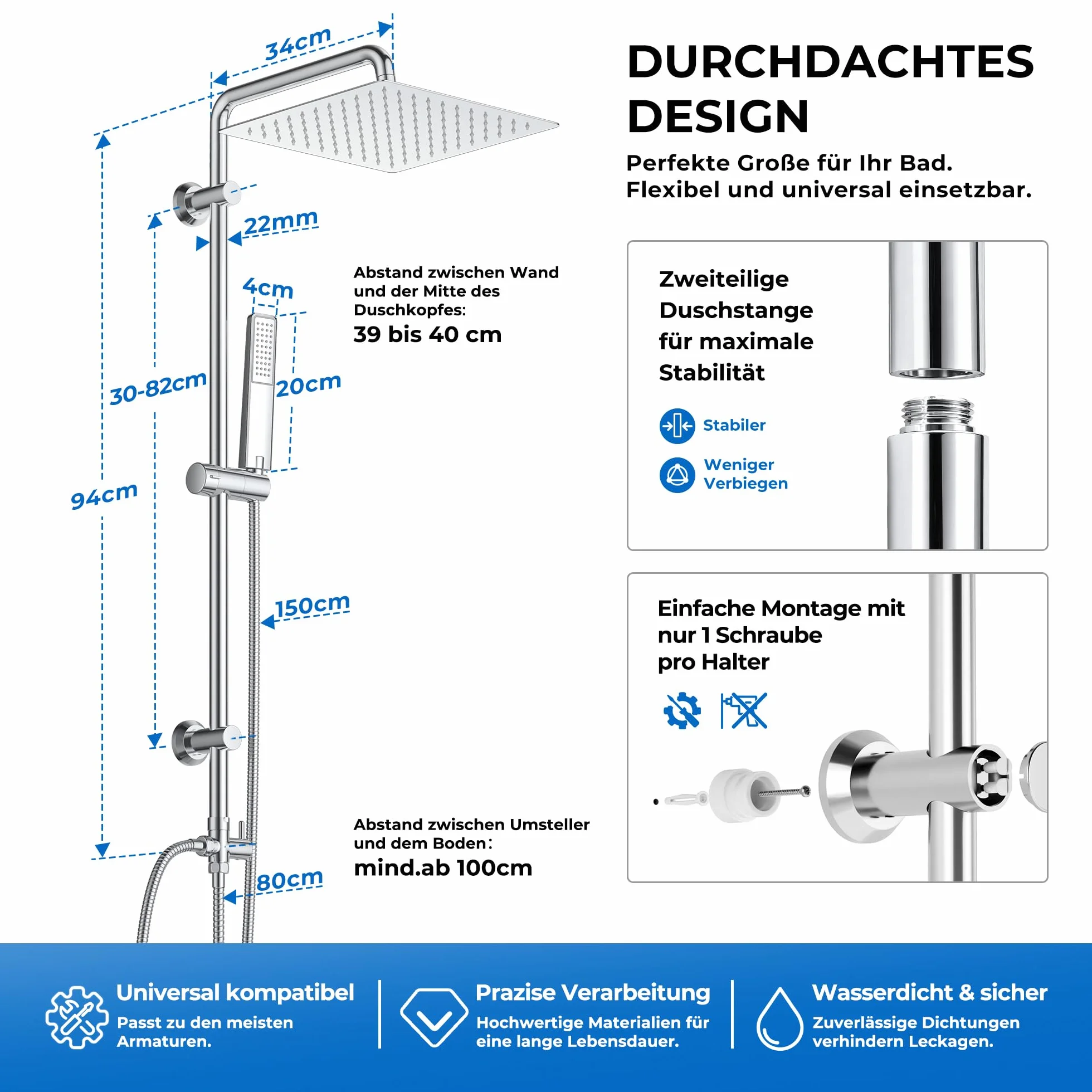 Görbach Set Doccia a Pioggia Acciaio Inox 20x20 Quadrato Soffione Doccia Doccetta a Mano