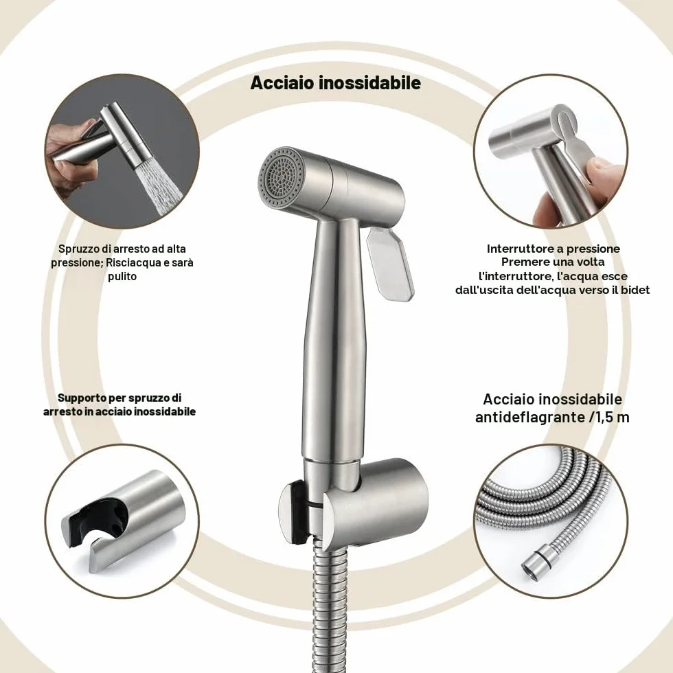 Bidet Portatile Kit Doccetta Spruzzatore WC Acciaio Inossidabile Deviatore 2 Vie Tubo 1,5m Supporto