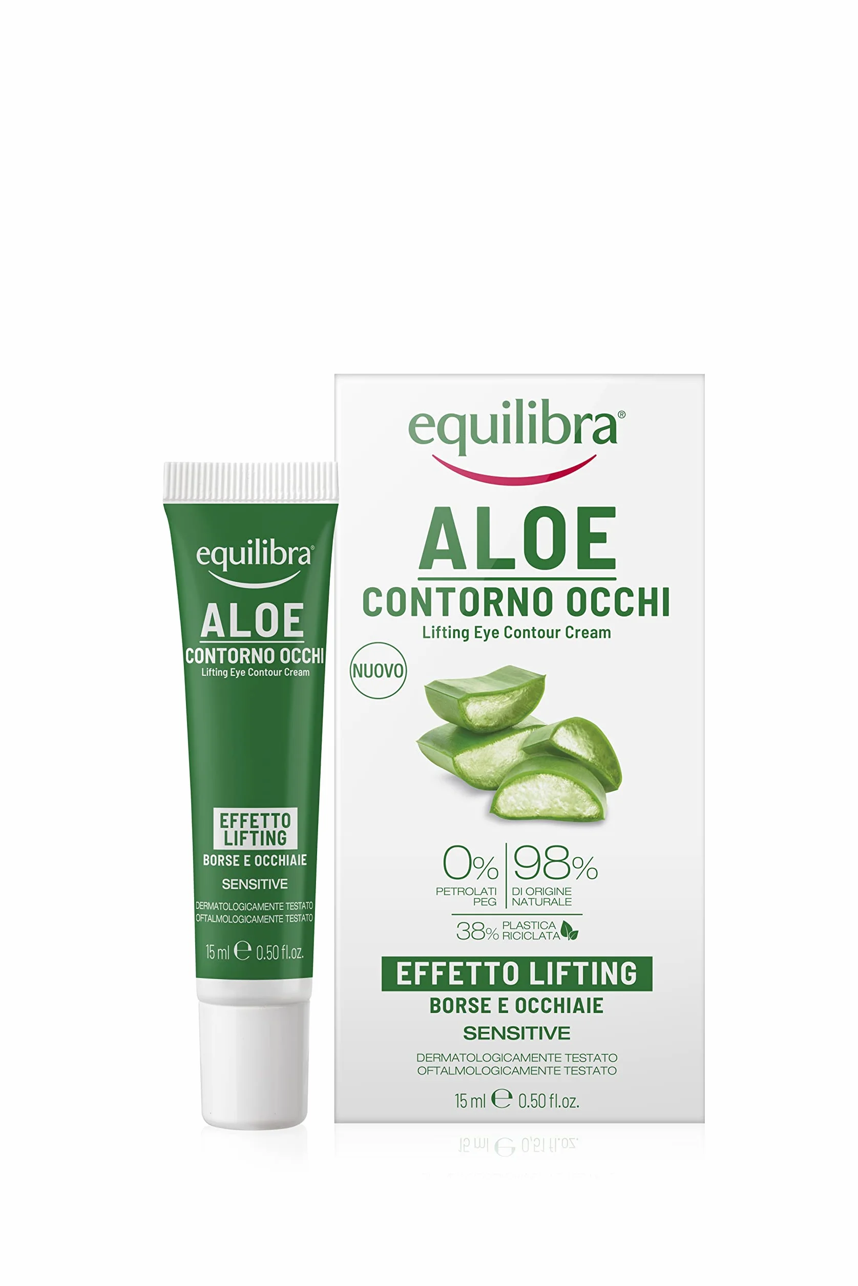 equilibra Viso, Aloe Contorno Occhi Effetto Lifting, Riduce Borse e Occhiaie, con Acido Ialuronico ai 3 Pesi Molecolari, Attivo Vegetale da Alga Bruna, Caffeina, Vitamina E, Aloe Vera, 15 ml
