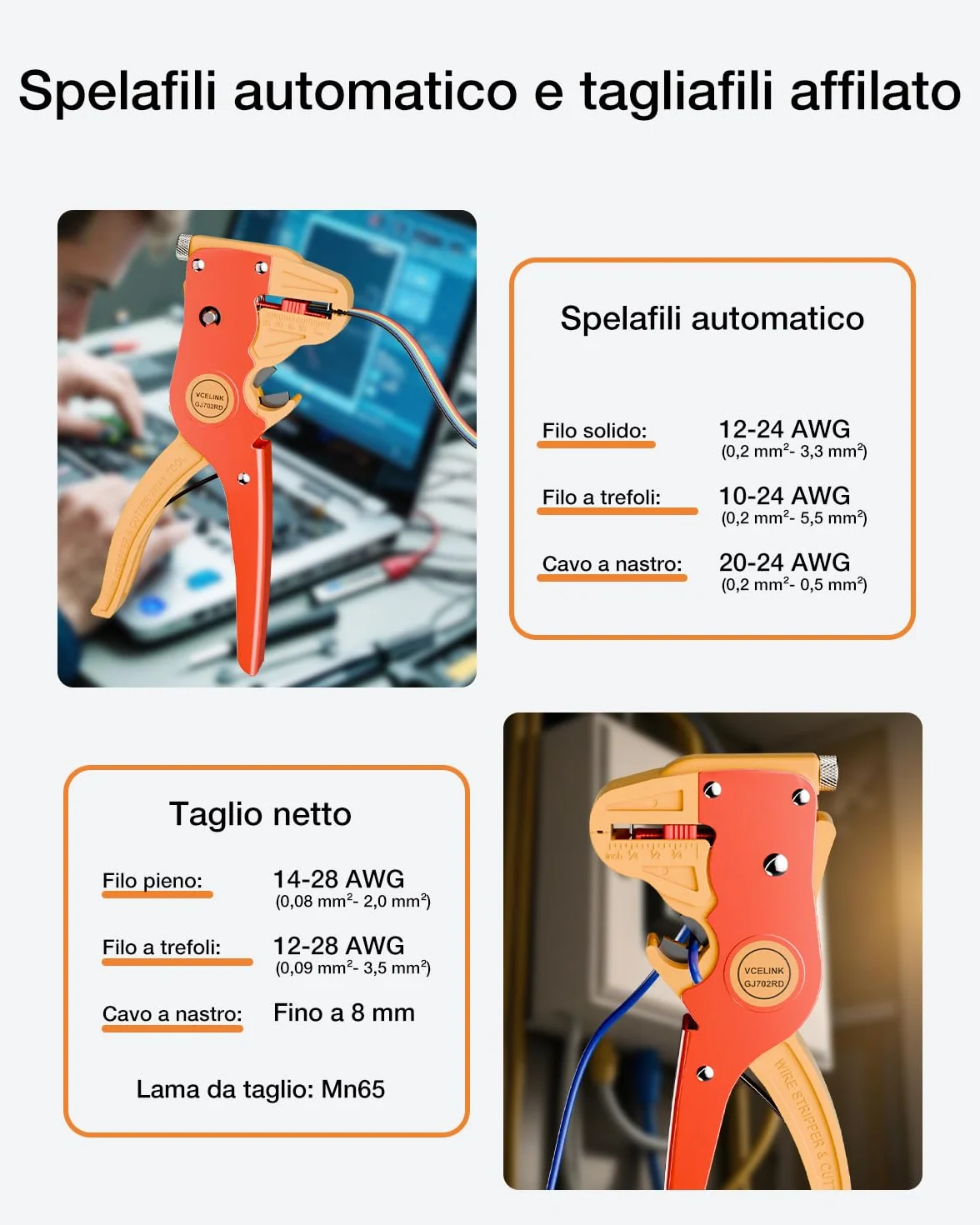 VCELINK Pinza Spelafili Automatica 2 in 1 Lama Mn65 Spelatura 0,2-6 mm² Taglio 0,08-8 mm Rosso/Arancione