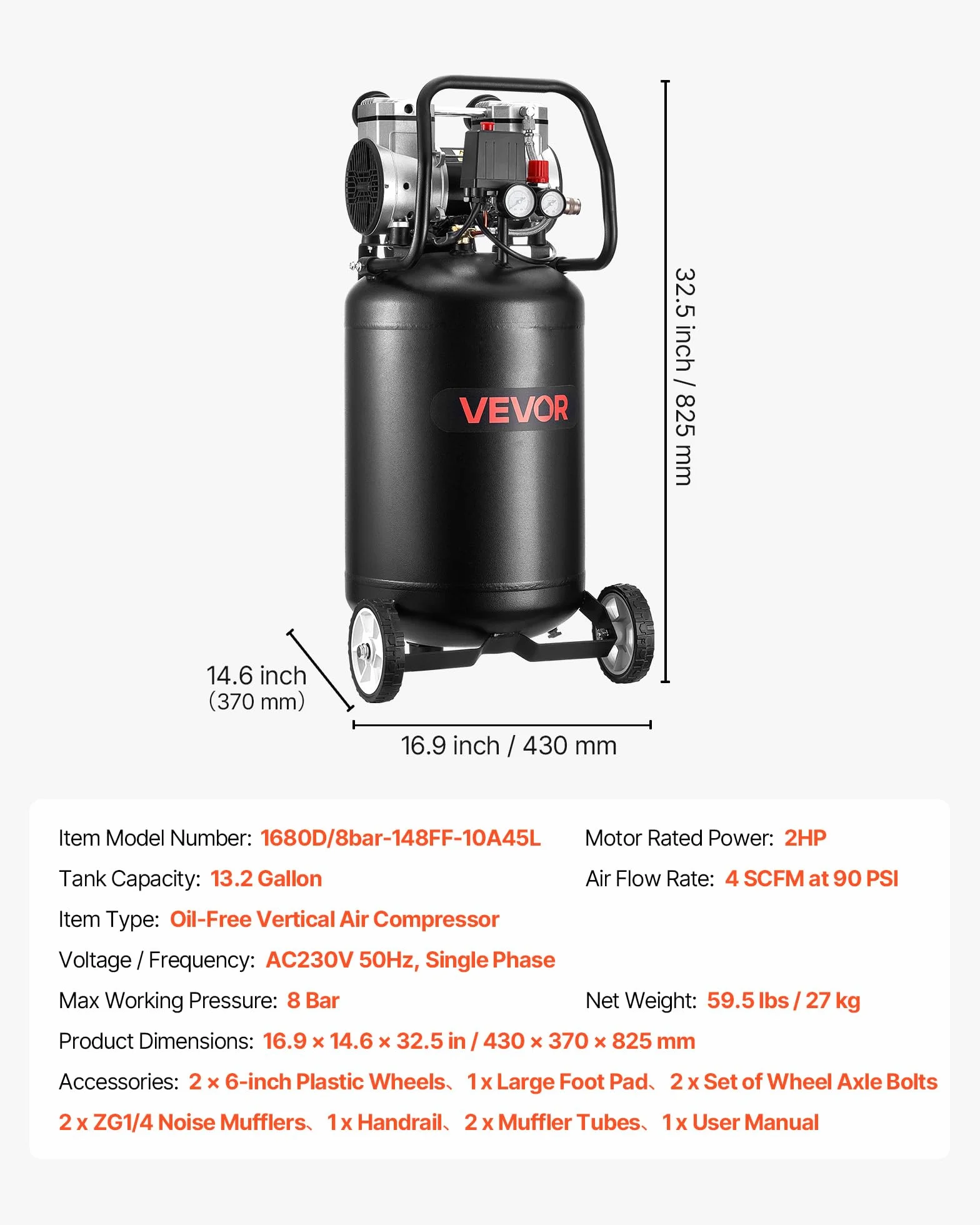 VEVOR Compressore d'Aria 50 Litri 1,5 KW 8 Bar Senza Olio Portatile su Ruote