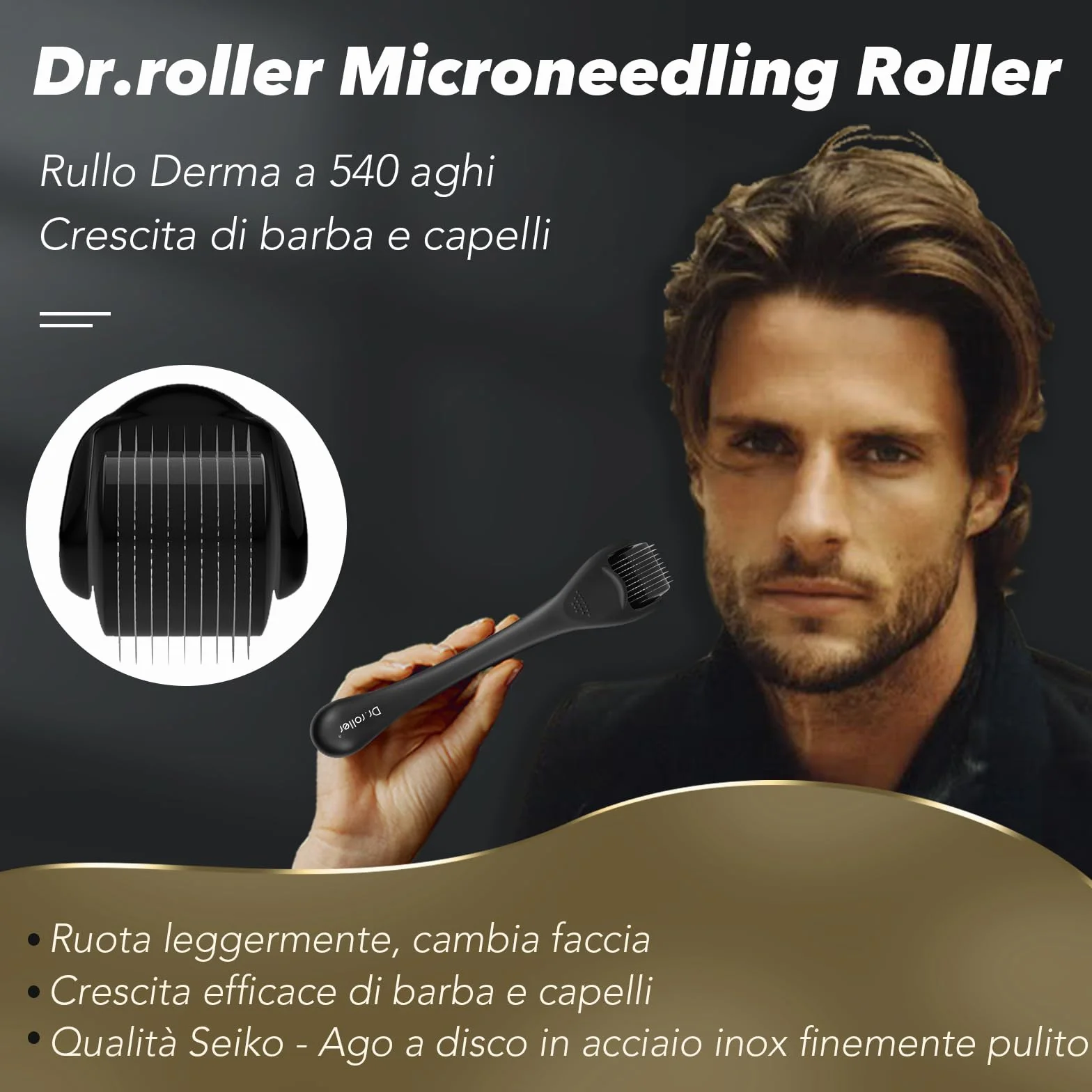 Derma Roller, Microneedling, 1 mm Derma Roller Capelli Viso Uomo e Donna, Microneedle Beard Roller 540 Ago di Titanio