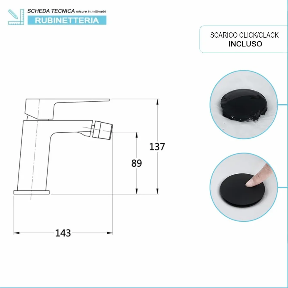 Set Miscelatori per Lavabo Alto e Bidet in Ottone Nero Opaco Linea Kubo con Pilette Click Clack e Kit Montaggio