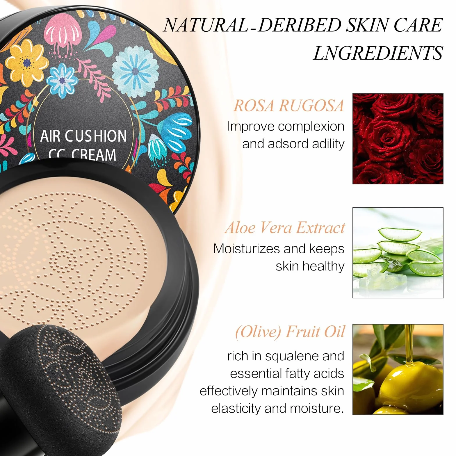 CC Cream Fondotinta con Fungo Testa D'aria Cuscino Coprente Professionale per Trucco impeccabile, Fondotinta Cuscino Compatto Anche Tonalità Della Pelle(Naturale)