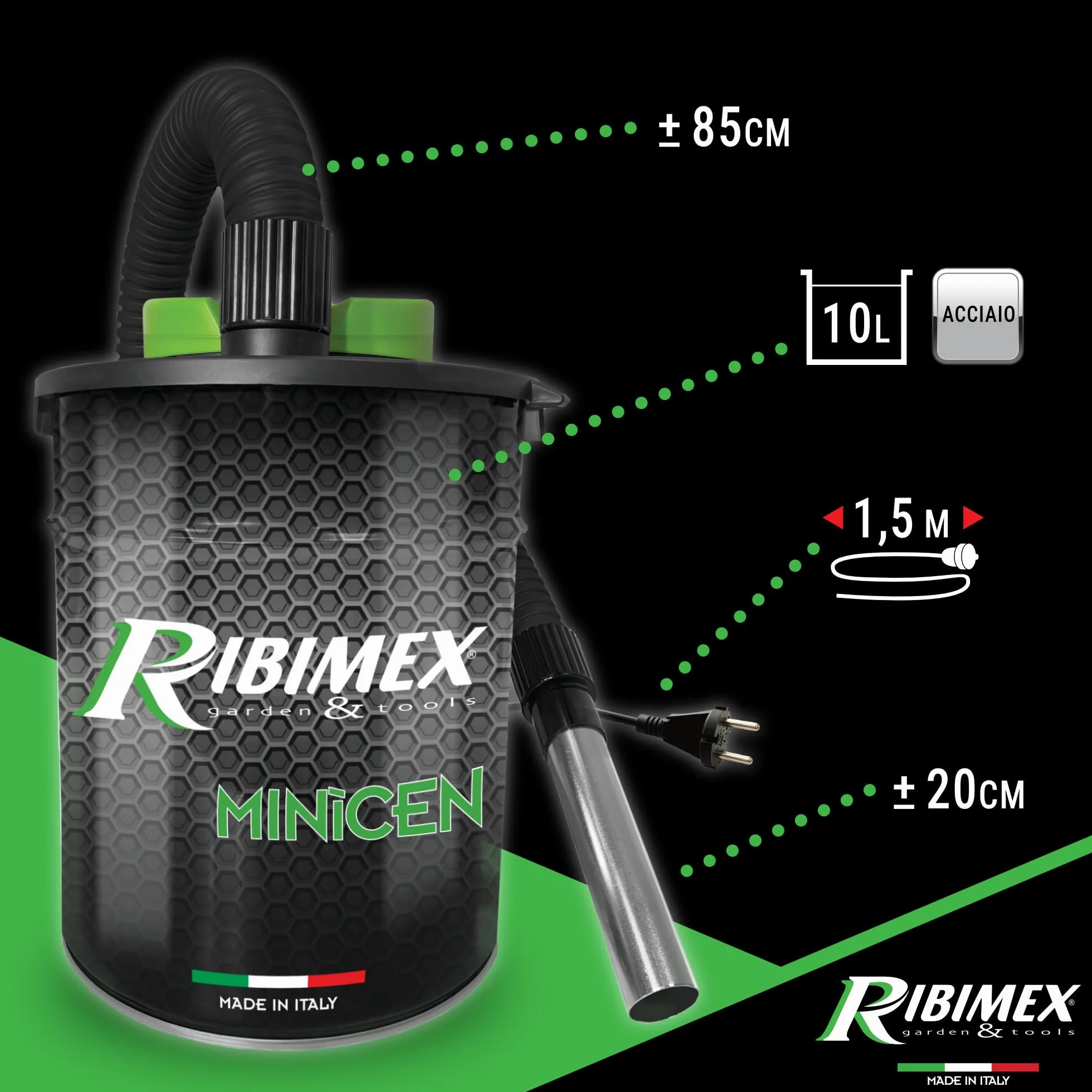 Ribimex Aspiracenere Elettrico Minicen 10L 800W con Filtro HEPA Lavabile PRCEN011