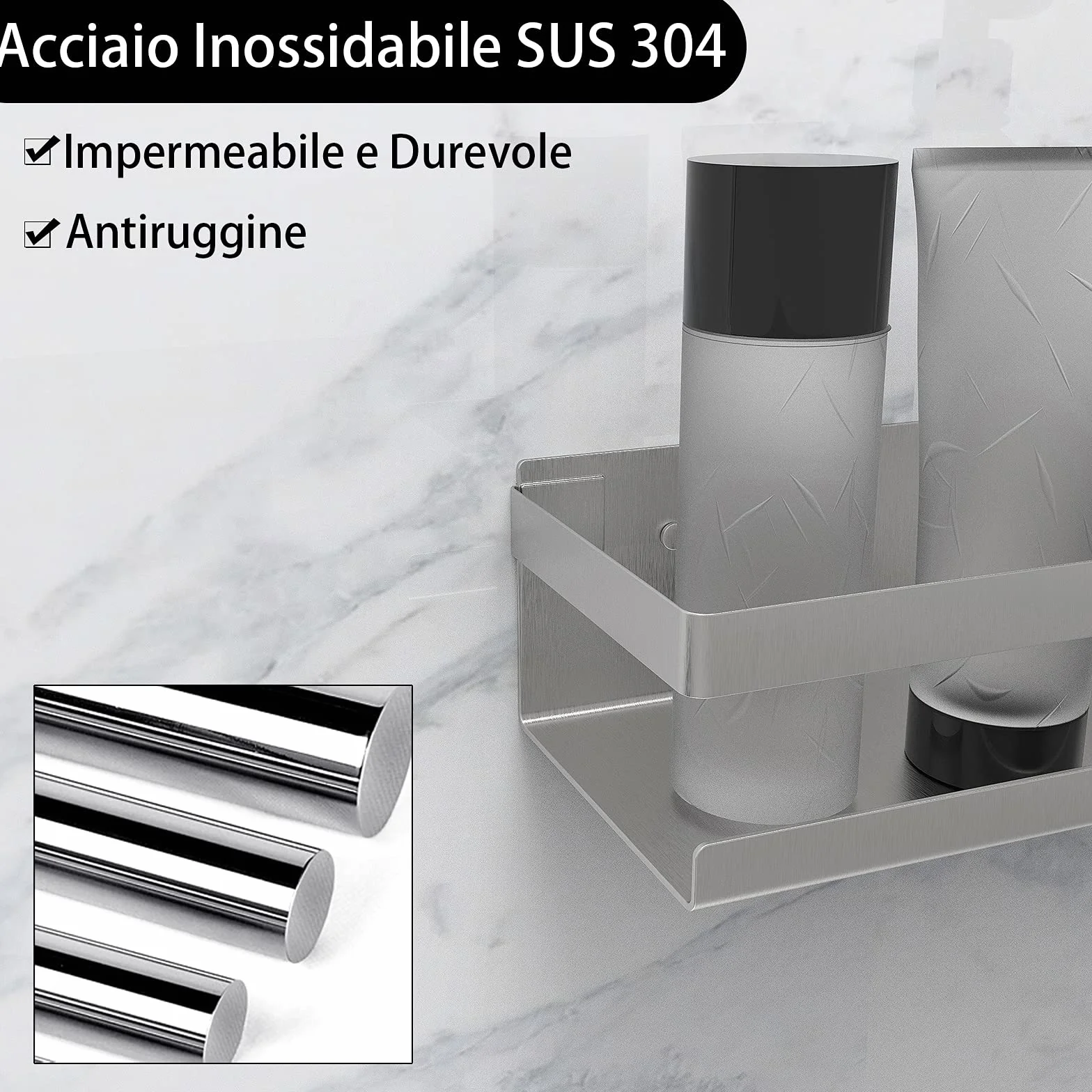 Mensola Doccia Inox SUS 304 30 cm Acciaio Inossidabile Autoadesivo Senza Foratura Spazzolato