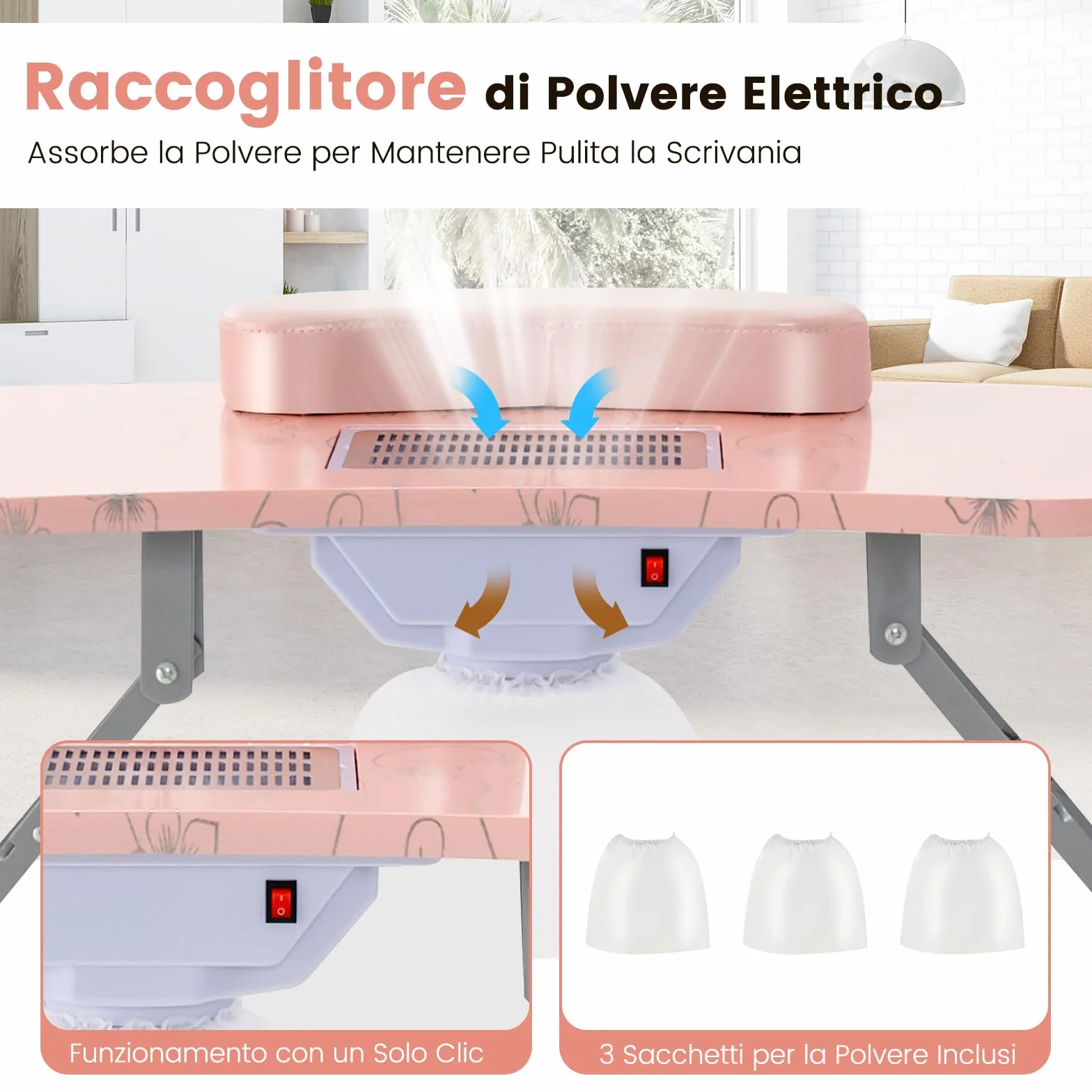 COSTWAY Tavolo per Manicure Pieghevole con Aspiratore, Tavolo per Unghie Portatile con Luce LED Regolabile, Cuscino Poggia Polso Rimovibile, Borsa da Trasporto e 4 Ruote Bloccabili (Rosa)