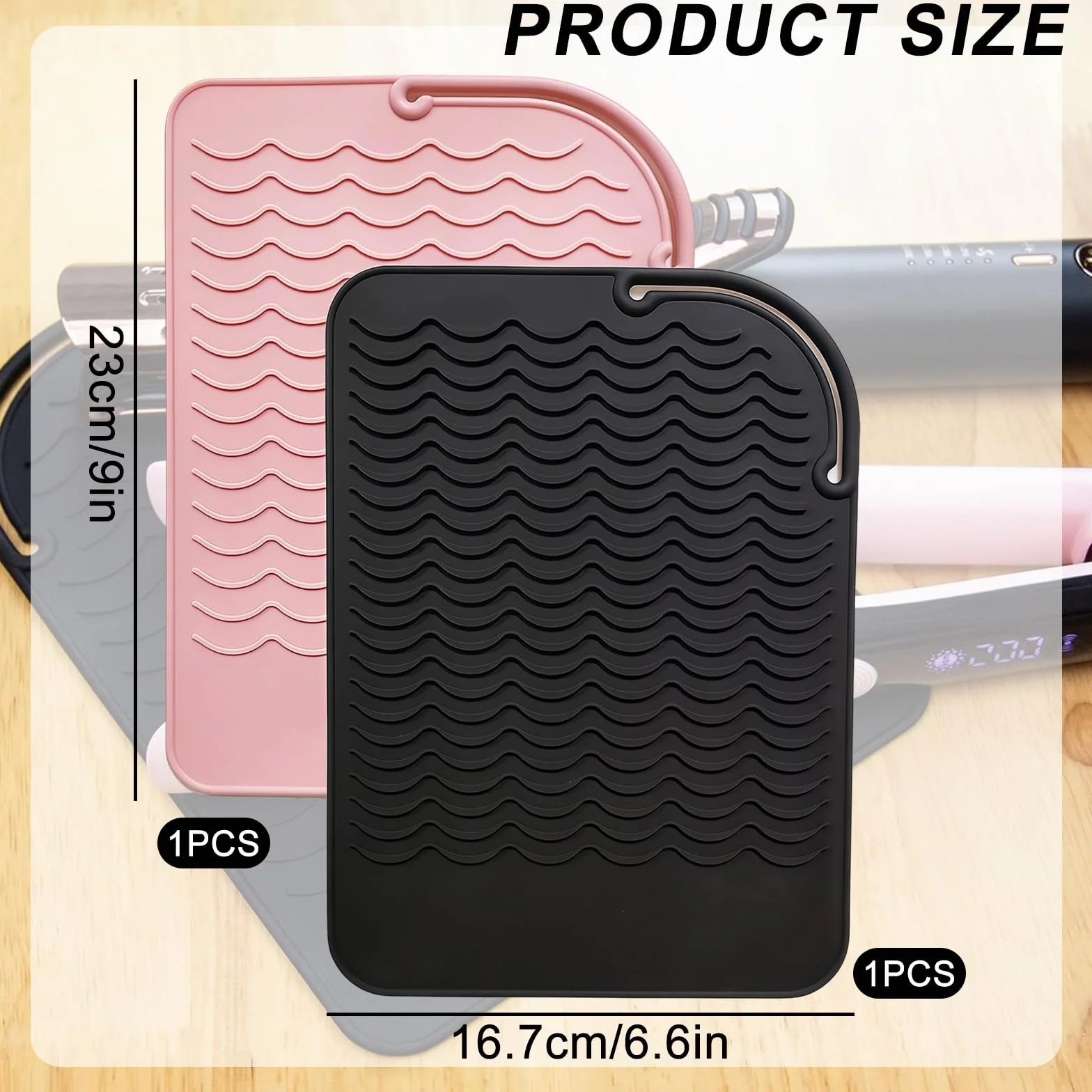 Tappetino termoresistente in silicone 2 pezzi nero e rosa 23x16cm per piastra capelli e ferro arricciacapelli resistente fino a 230°C antiscivolo facile da pulire per casa e salone