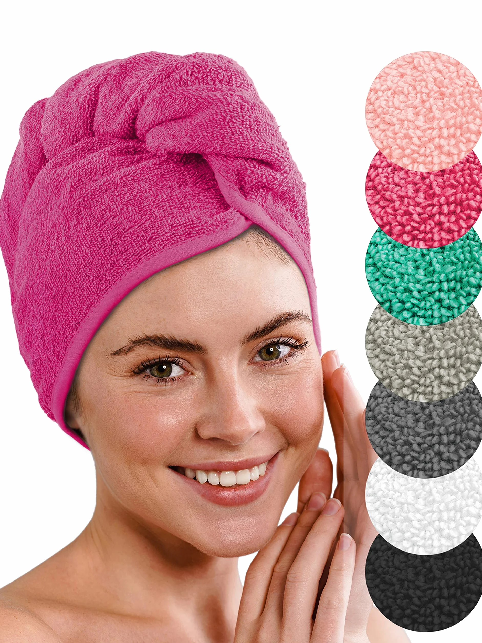 LAYNENBURG Asciugamano Turbante Deluxe con Bottone per Capelli Corti e Lunghi - Spugna di Cotone - 4 Lacci per Capelli Gratis - Asciugatura Rapida e asciugacapelli Super Assorbente (Fucsia)