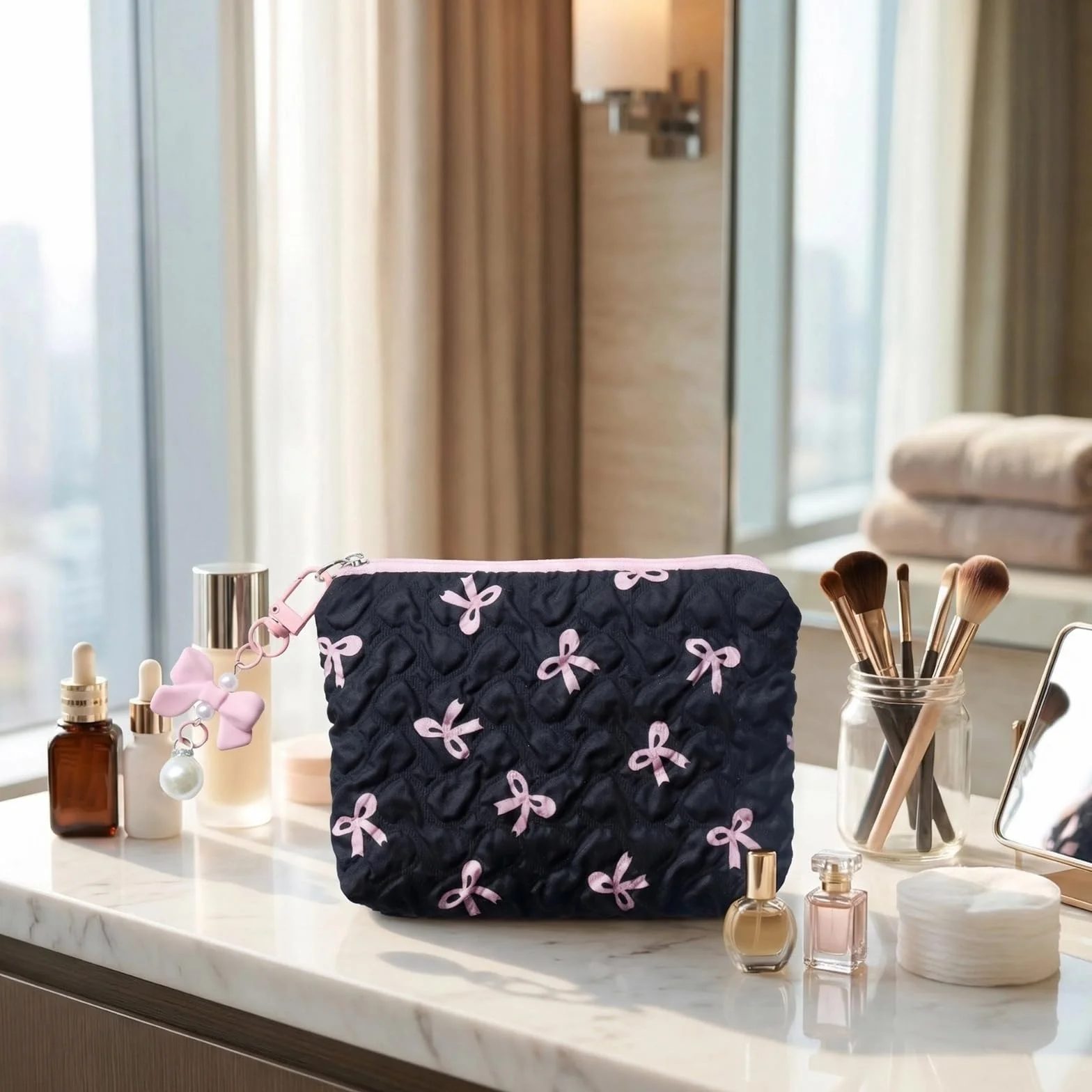 Set di 2 trousse per trucchi piccoli, con eleganti fiocchi, mini borsa per trucco, borsa per trucco, borsa per trucco, borsa per cosmetici, borsa da toilette da donna, 14 x 10 cm