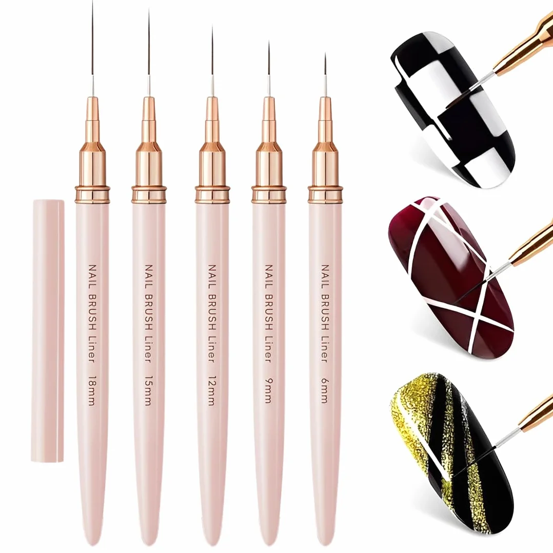 WeddHuis Pennelli per nail art, 5 pennelli per nail art, set di pennelli per disegnare e punteggiare le unghie, per linee lunghe, dettagli sottili, dimensioni 6/9/12/15/18 mm,rosa