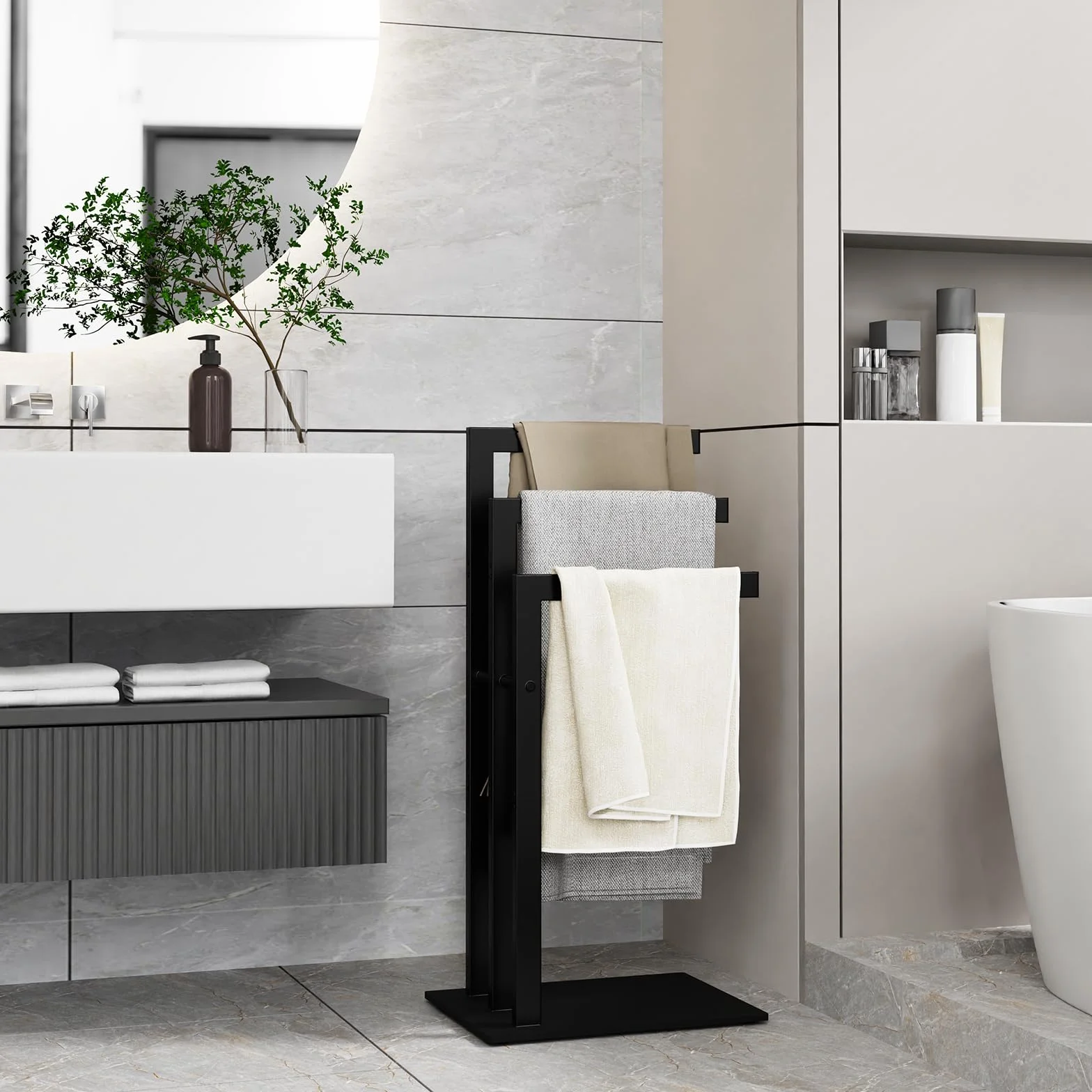 OUTBROS Porta Asciugamani Bagno da Terra in Acciaio Inox 3 Bracci 40x30x80cm Nero