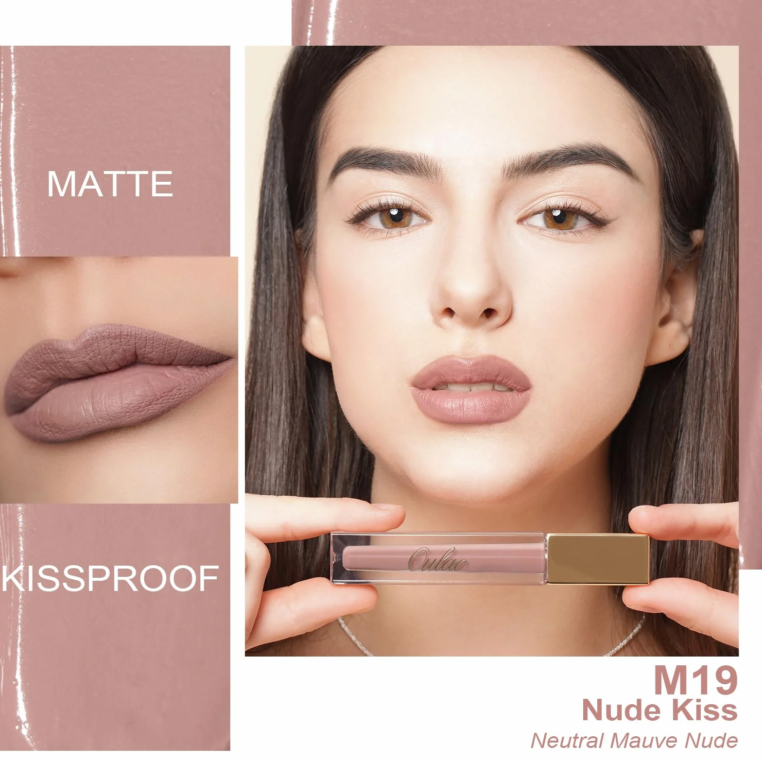 Oulac Rossetto Liquido Matte, Malva Nudo Rossetti Colore Intenso, Tinta Labbra Finish Matte, Lunga Tenuta, Ricco di vitamina E, Consistenza crema, Vegana&Senza crudeltà 4.5ml (M19) Nude Kiss