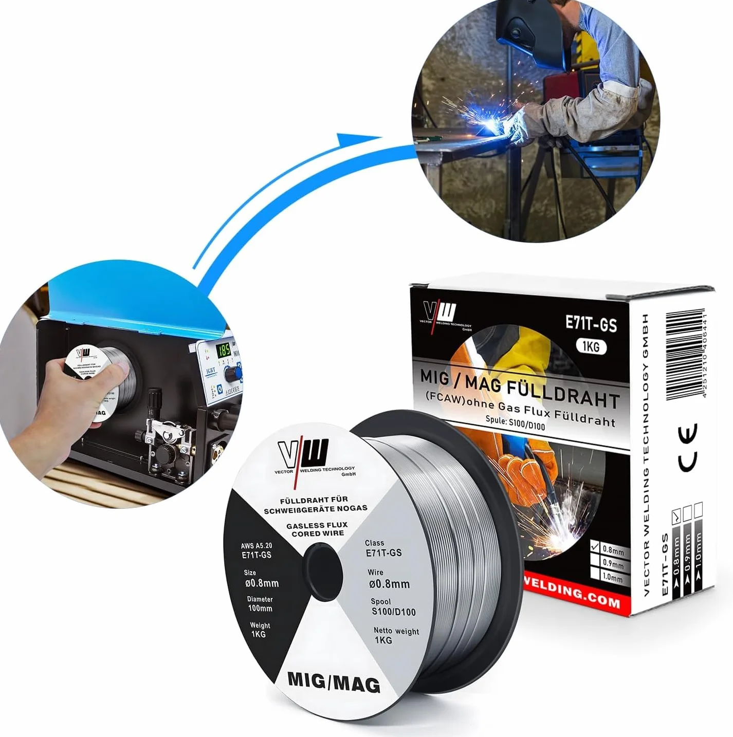 VECTOR WELDING Filo Animato E71T-GS 0,8mm 3KG Bobina MIG MAG D100 Saldatura Universale