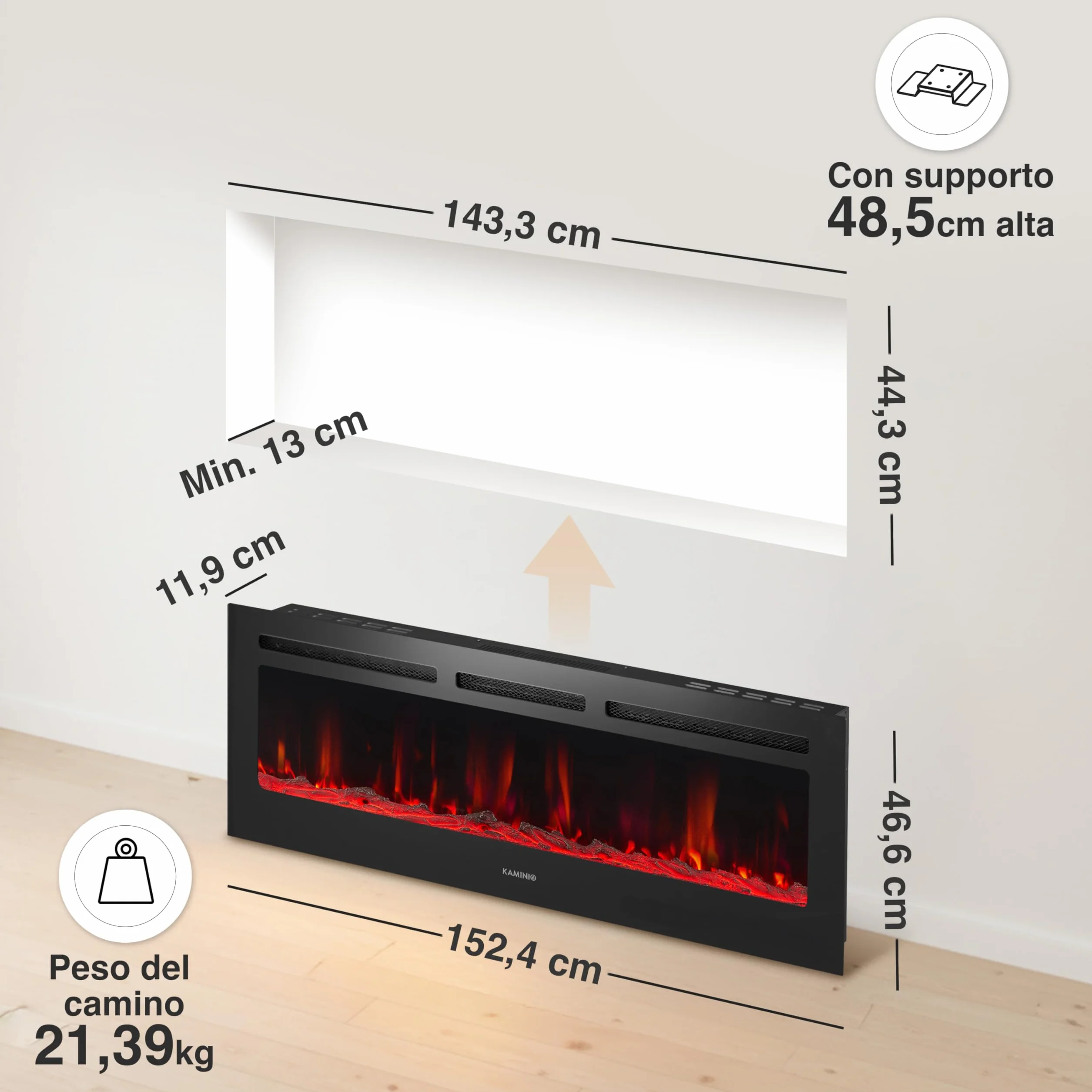 Kaminio Camino elettrico MARLON 3-in-1 con riscaldamento, effetto fiamma 3D, 12 colori, telecomando 60 pollici