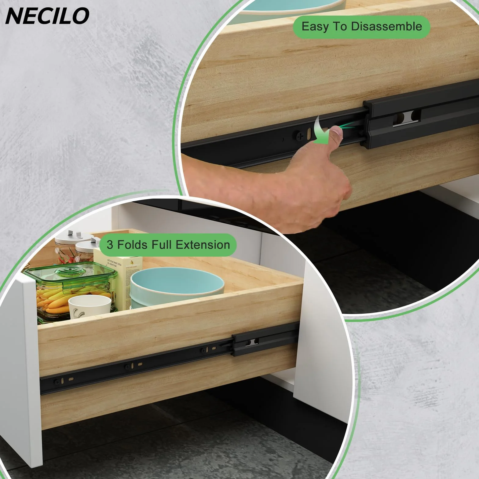 NECILO guide push-to-open cassetti 300mm 45kg estrazione totale cuscinetti a sfera nero 1 coppia 2 pezzi