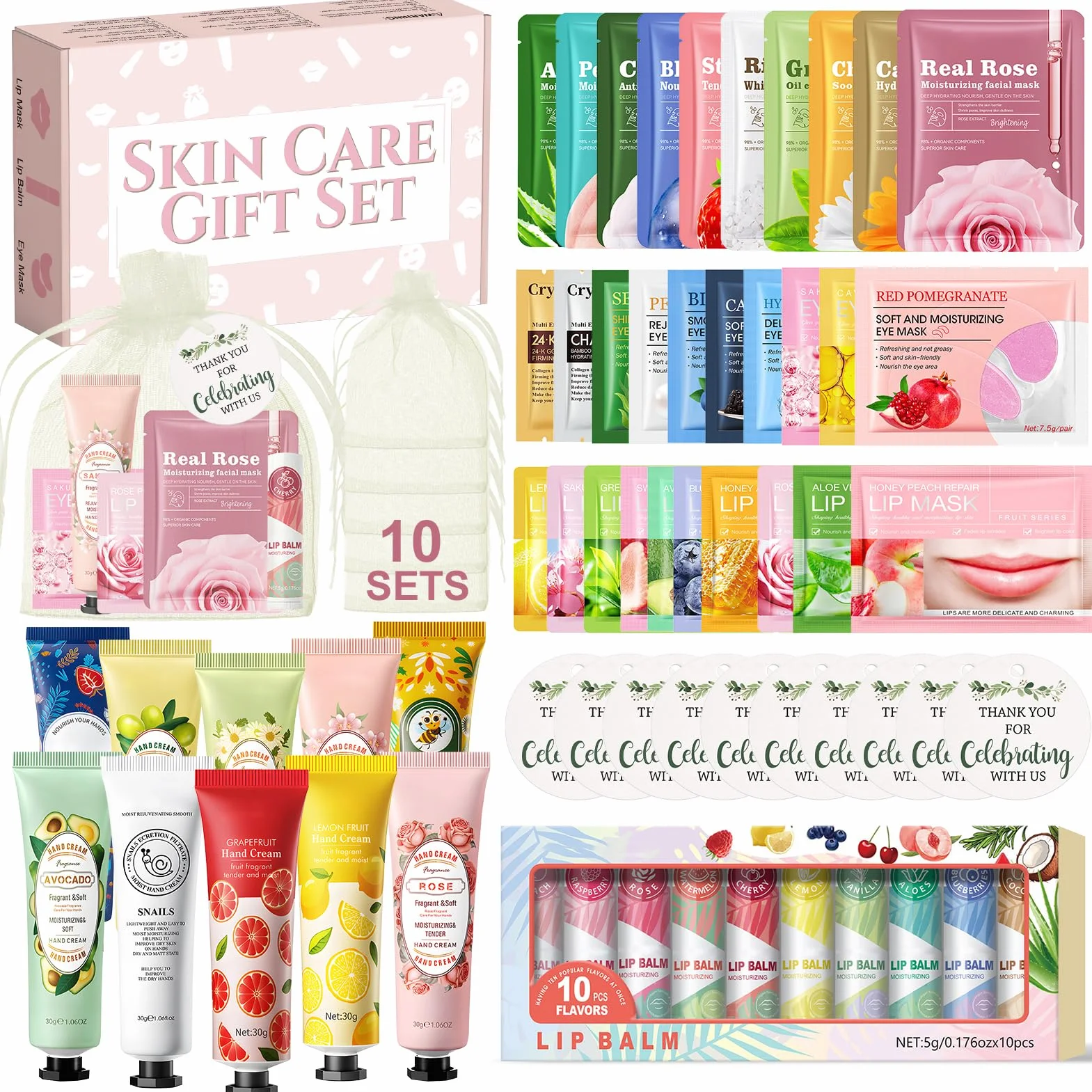 70 Pezzi Cofanetto Skincare Donna, Gift Set for Women, Kit Maschere Viso con Creme Mani, Face Mask, Patch Occhiaie, Lip Mask, Lipbalm, Adatto per Articoli per Feste in SPA, Bomboniere per Matrimoni