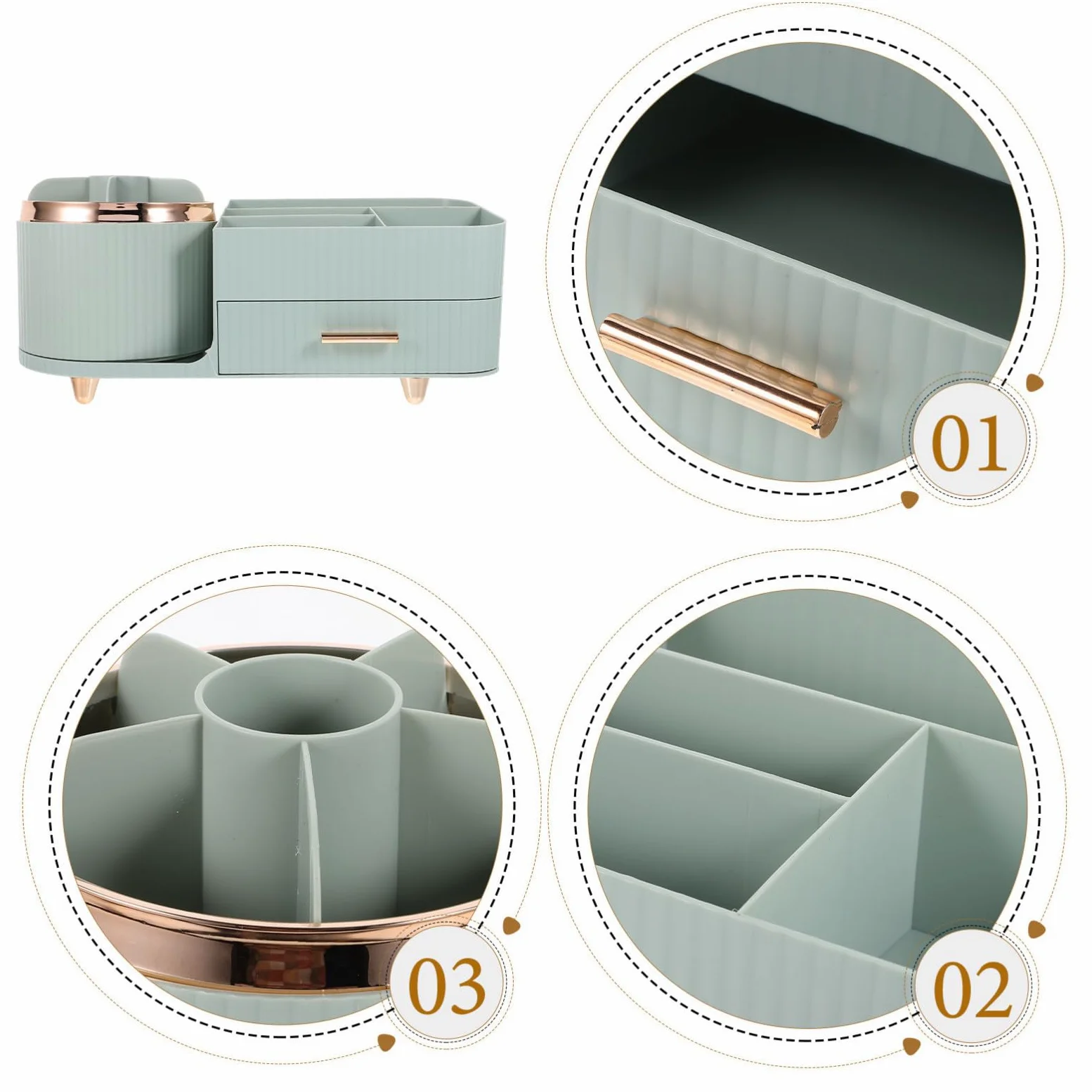 Organizzatore Make Up Rotante Cassetto, Blu, Plastico | Ampia Capacità Scomparti, Design Girevole, Ordine Pratico per Pennelli e Accessori da Tavolo