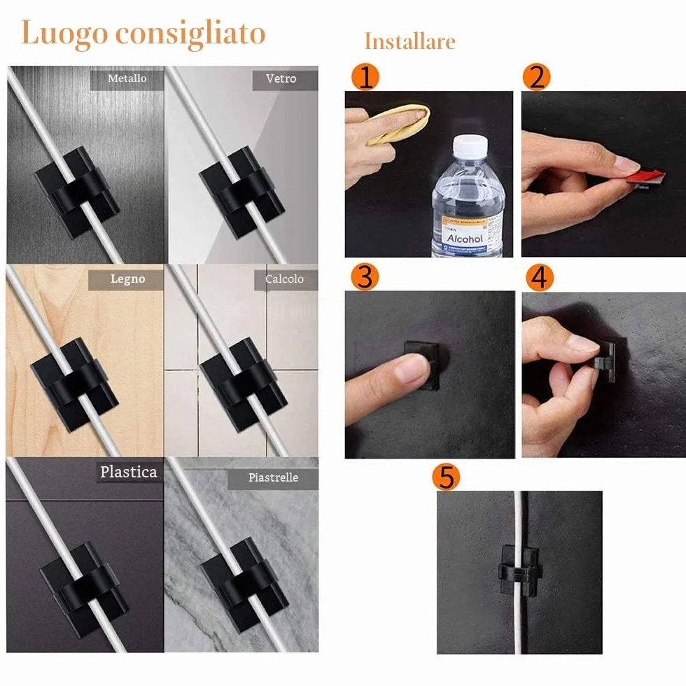 Fermacavi Adesivi 3M 100 Pezzi Clip per Cavi da Esterno Organizzatore Regolabile Nero