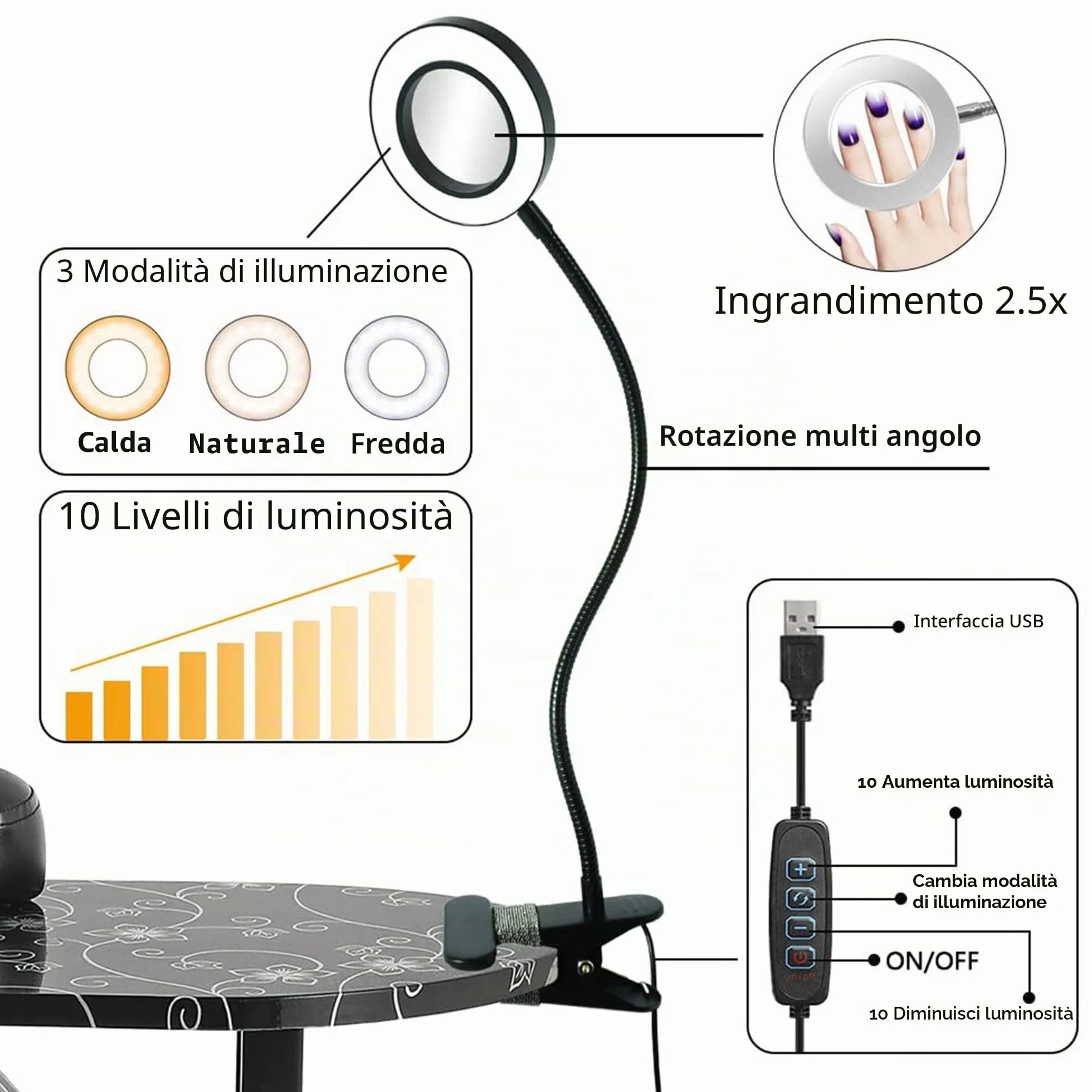 LEIBOU 36 ''L Pieghevole Manicure Tavolo Nail Technician Desk Workstation Manicure Tavolo con Ingranditore USB LED, Ruote di rotolamento, Cassetto, Spugna, Borsa di trasporto gratuita