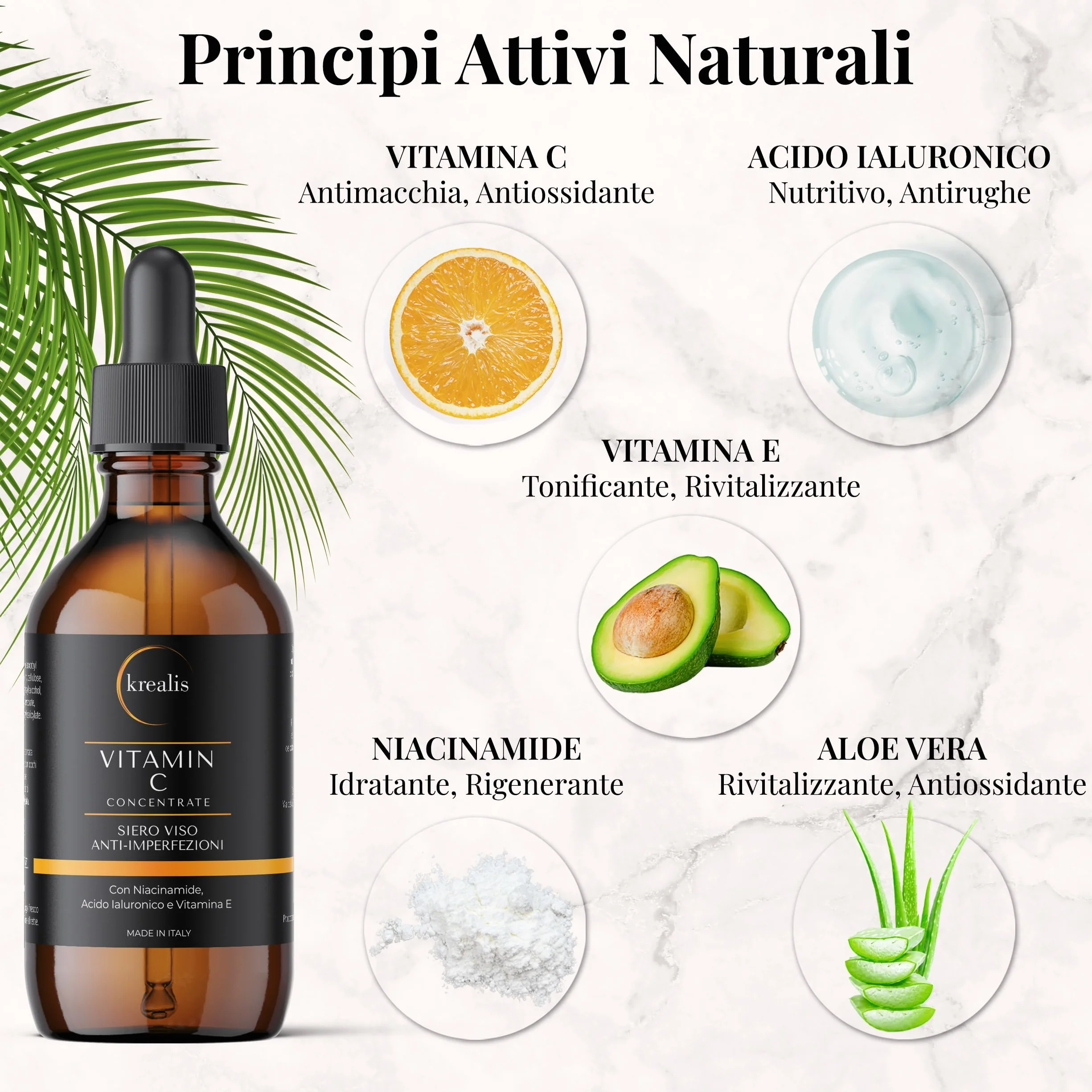 KREALIS •100ml• Siero Vitamina C Viso Acido Ialuronico con Niacinamide, Vitamina E, Aloe Bio, Antimacchia, Anti Imperfezioni, Siero Viso Contorno Occhi Antirughe E Occhiaie