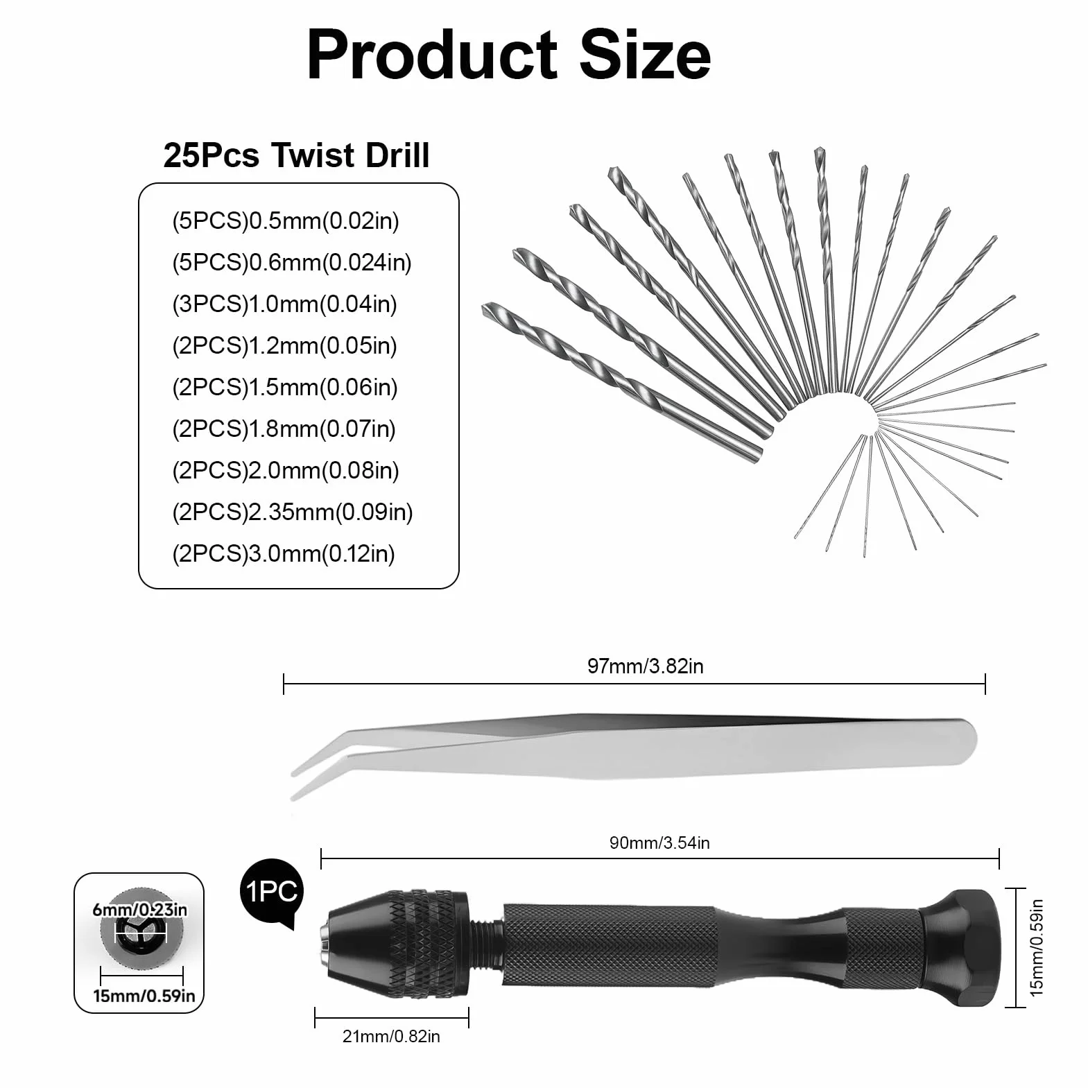 Mini trapano a mano Twist Drill Bits, 25 punte elicoidali, strumenti rotanti per modellismo, legno, metallo