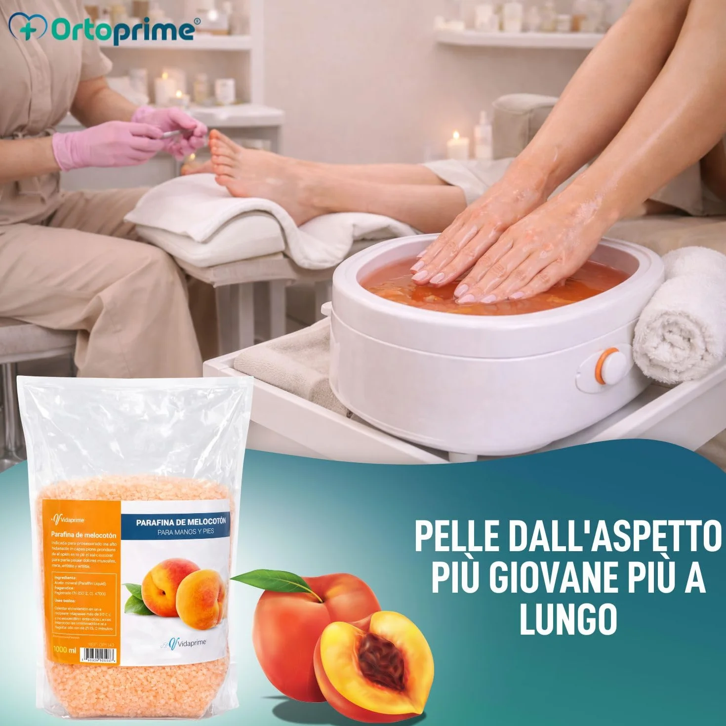 PARAFFINA per Mani e Piedi RIABILITAZIONE 1000ml - Massaggio alla Paraffina Aroma Essenze di Pesca - Bagno di Paraffina PROFESSIONALE - Termoterapia Dolori Muscolari