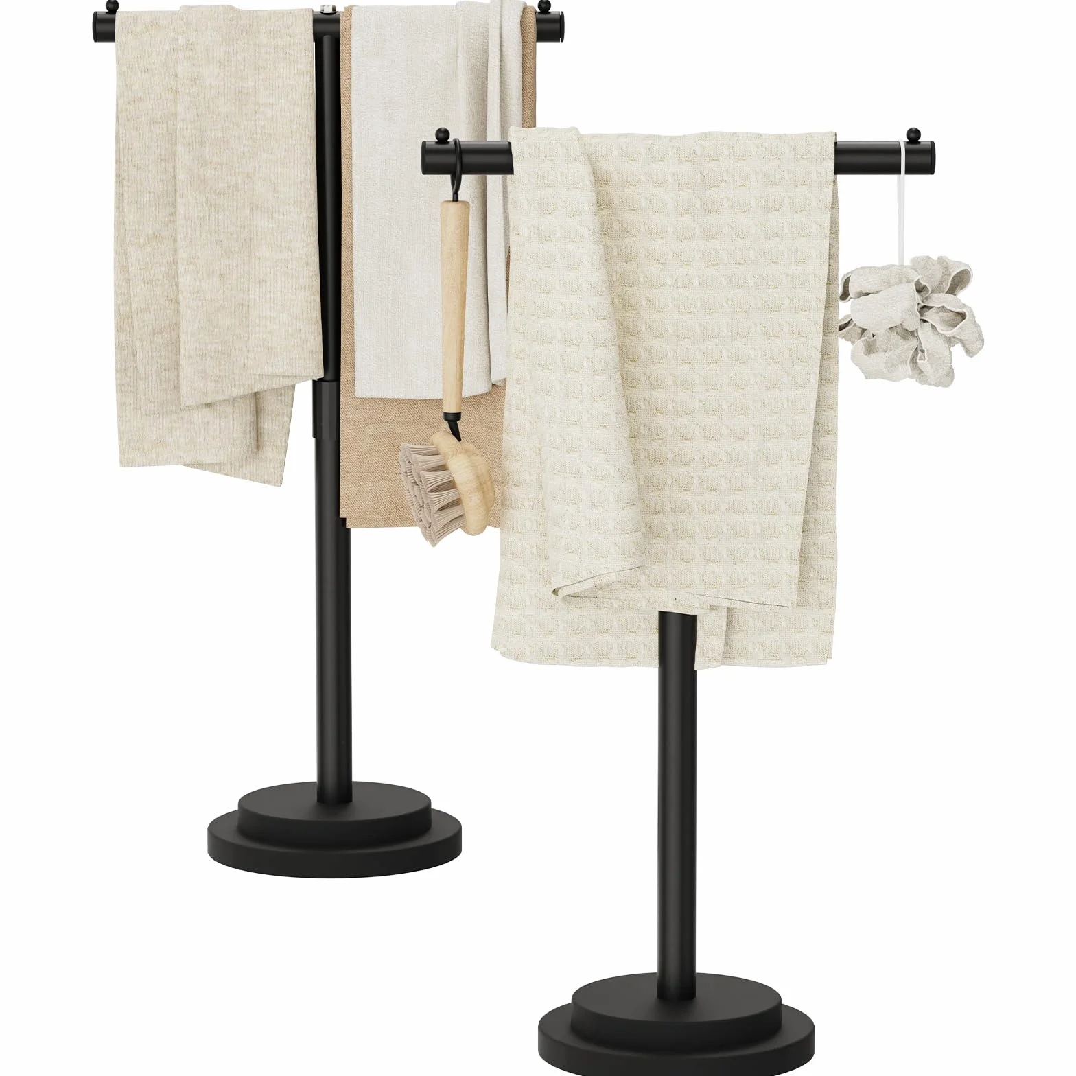 Portasciugamani da Terra a Forma di T Acciaio Inox Regolabile 46-80x41x24 cm Nero Set da 2