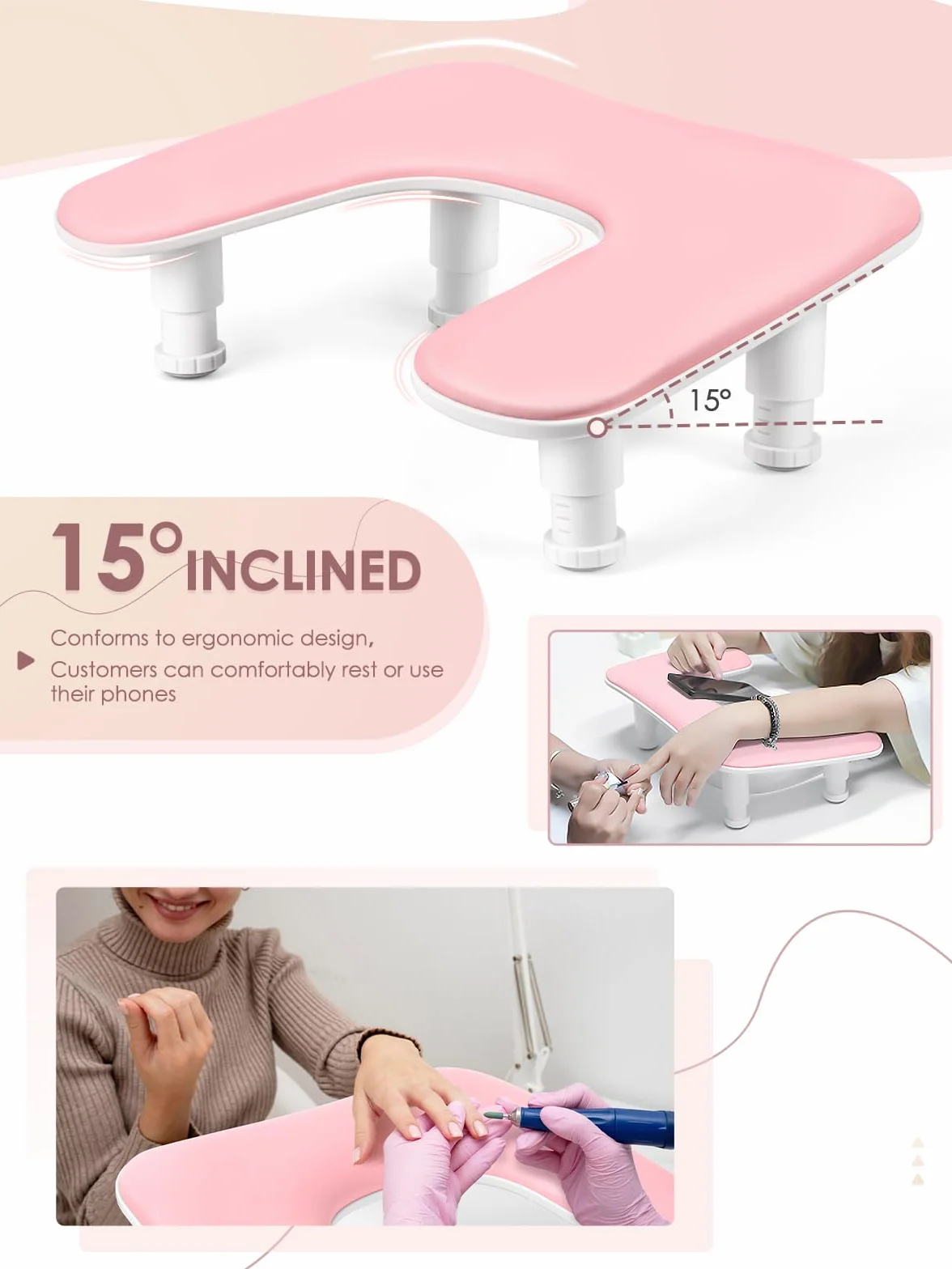 Bracciolo per mano a forma di U, poggiamani per unghie, colore rosa, per amanti della nail art, salone di nail art, per principianti e professionisti（Rosa)