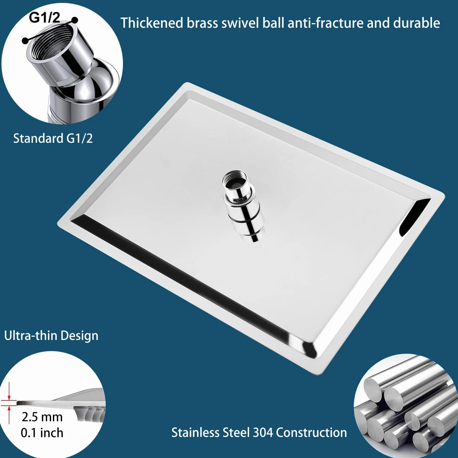 Soffione Doccia a Pioggia Extra Large in Acciaio Inossidabile, 30x20 cm Cromato, Montaggio Soffitto Parete