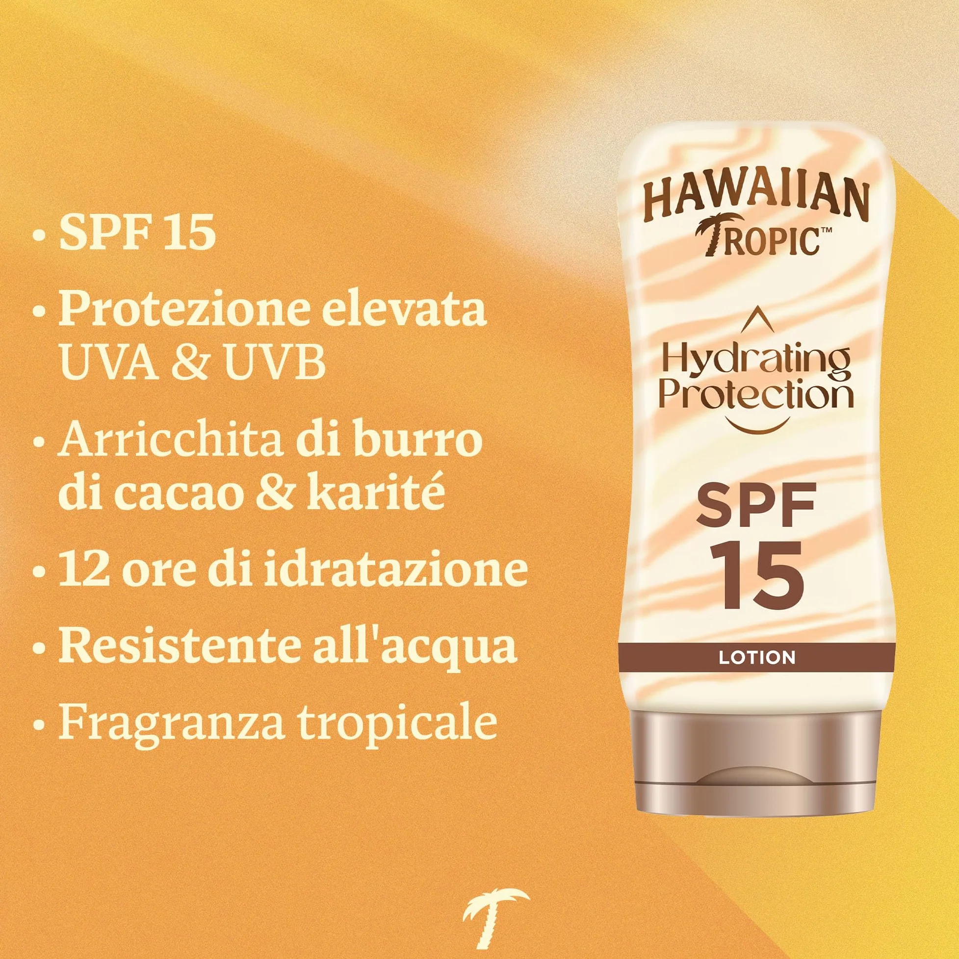 Hawaiian Tropic Lozione Solare Protettiva Idratante, Crema Resistente all'Acqua con Protezione SPF 15 UVA e UVB, Lozione Solare, 12 Ore di Idratazione con Burro di Cacao e Burro di Karité, 180 ml