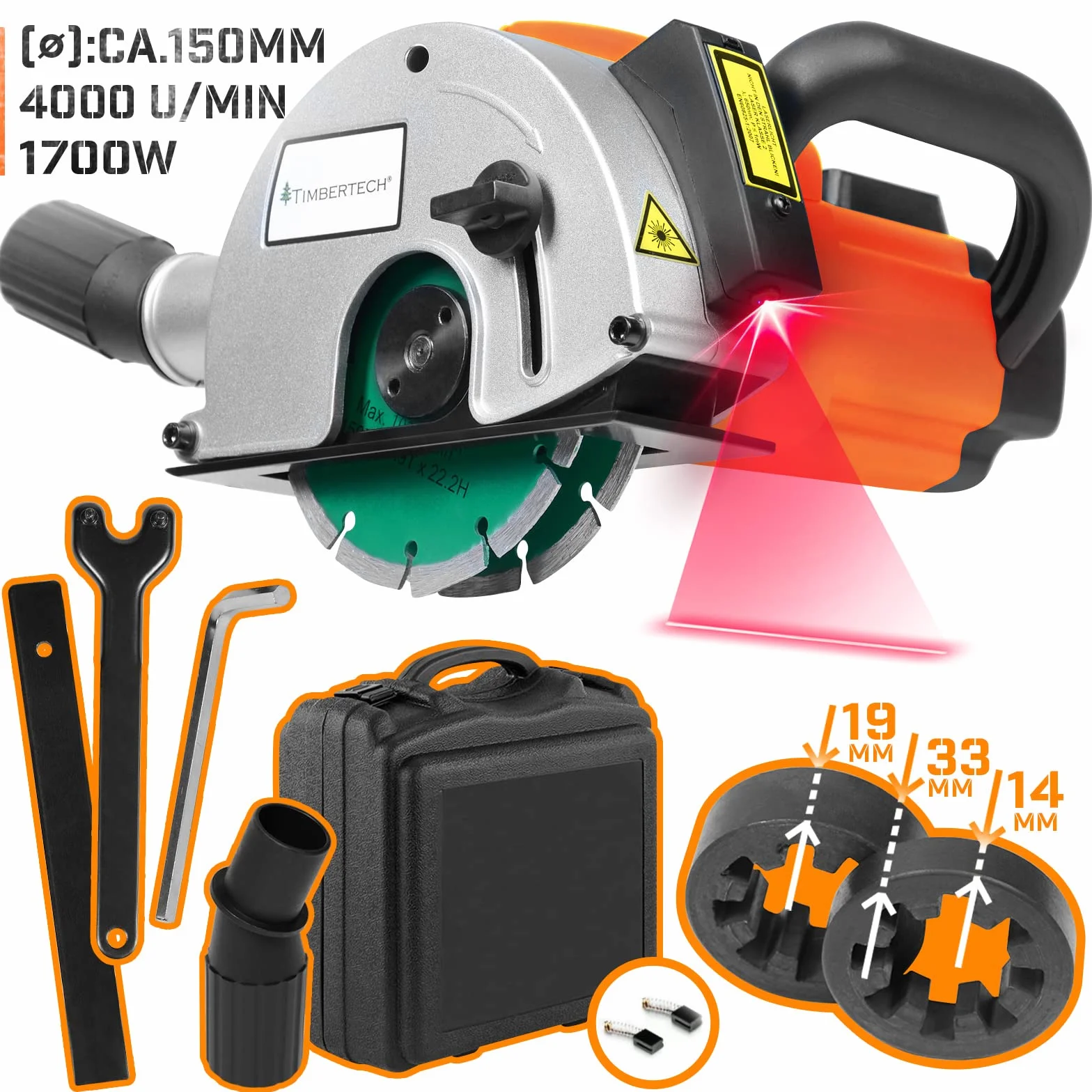 TIMBERTECH Scanalatrice 1700W 4000giri/min Laser Guida 2 Lame Diamantate Ø150mm con Custodia