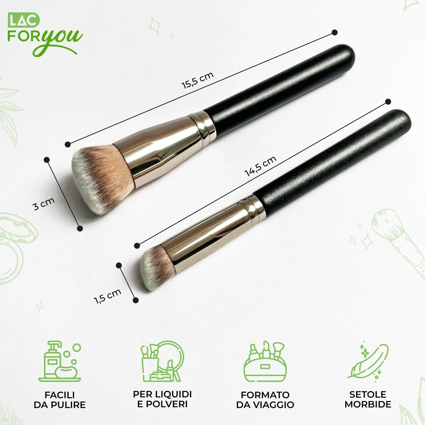 LAC FOR YOU Set 2 Pennelli Fondotinta & Correttore – Pennello Fondotinta Obliquo a Setole Dense e Pennello Correttore Precisione Occhiaie – Manico Cilindrico Ergonomico