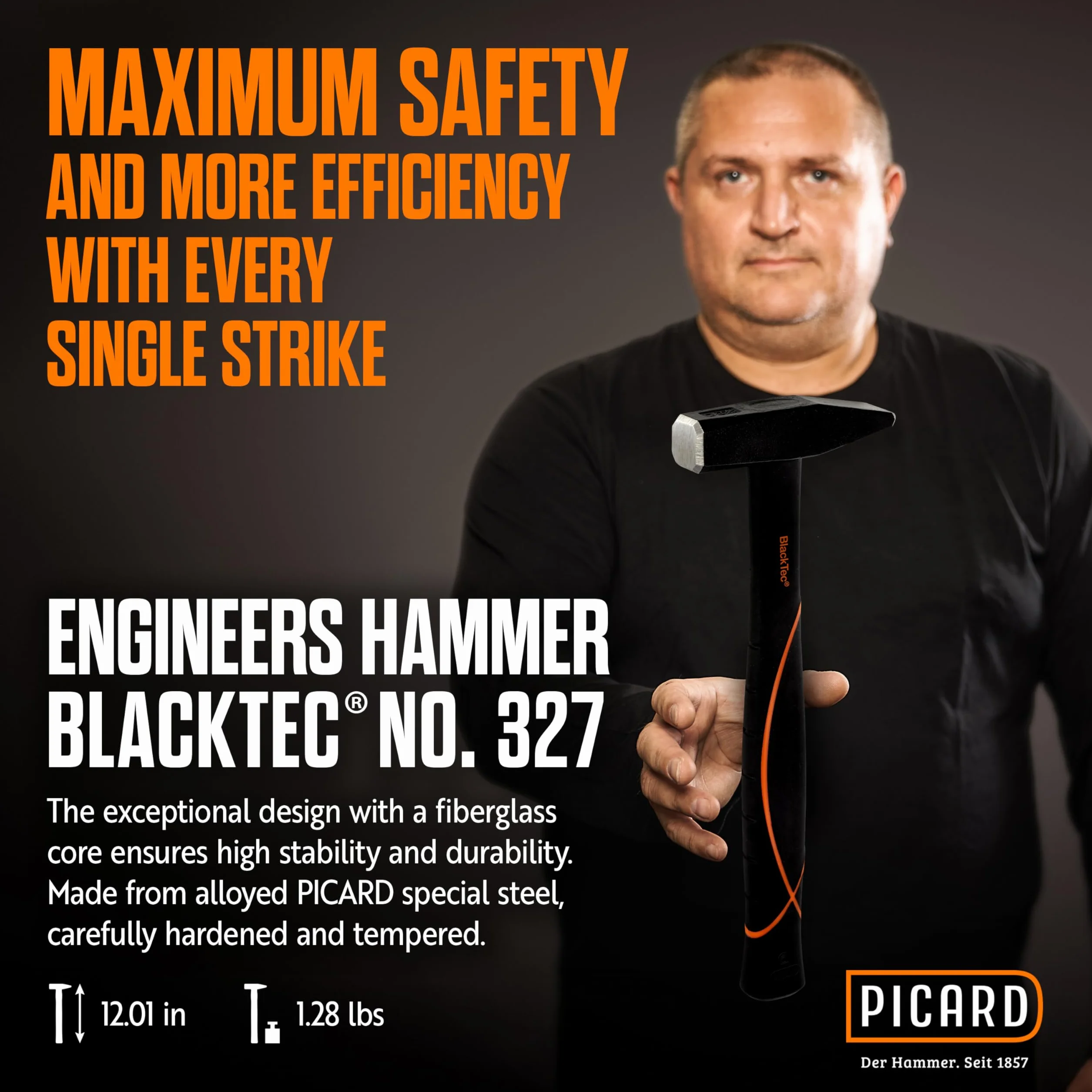 PICARD martello da fabbro BlackTec® 327 FS 400 g professionale manico 3 componenti nucleo fibra di vetro antiscivolo resistente corrosione