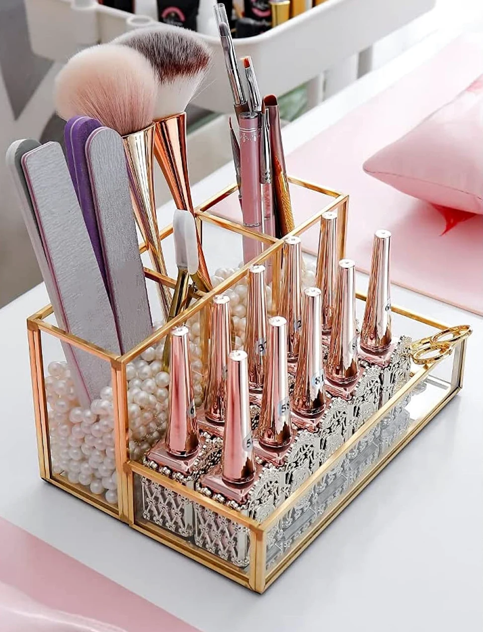 Porta Pennelli per Trucco - Organizer per Cosmetici Oro - Organizer per Trucco Trasparente - Scatola Portaoggetti da Scrivania - Vassoio Portaoggetti per Gioielli in Vetro