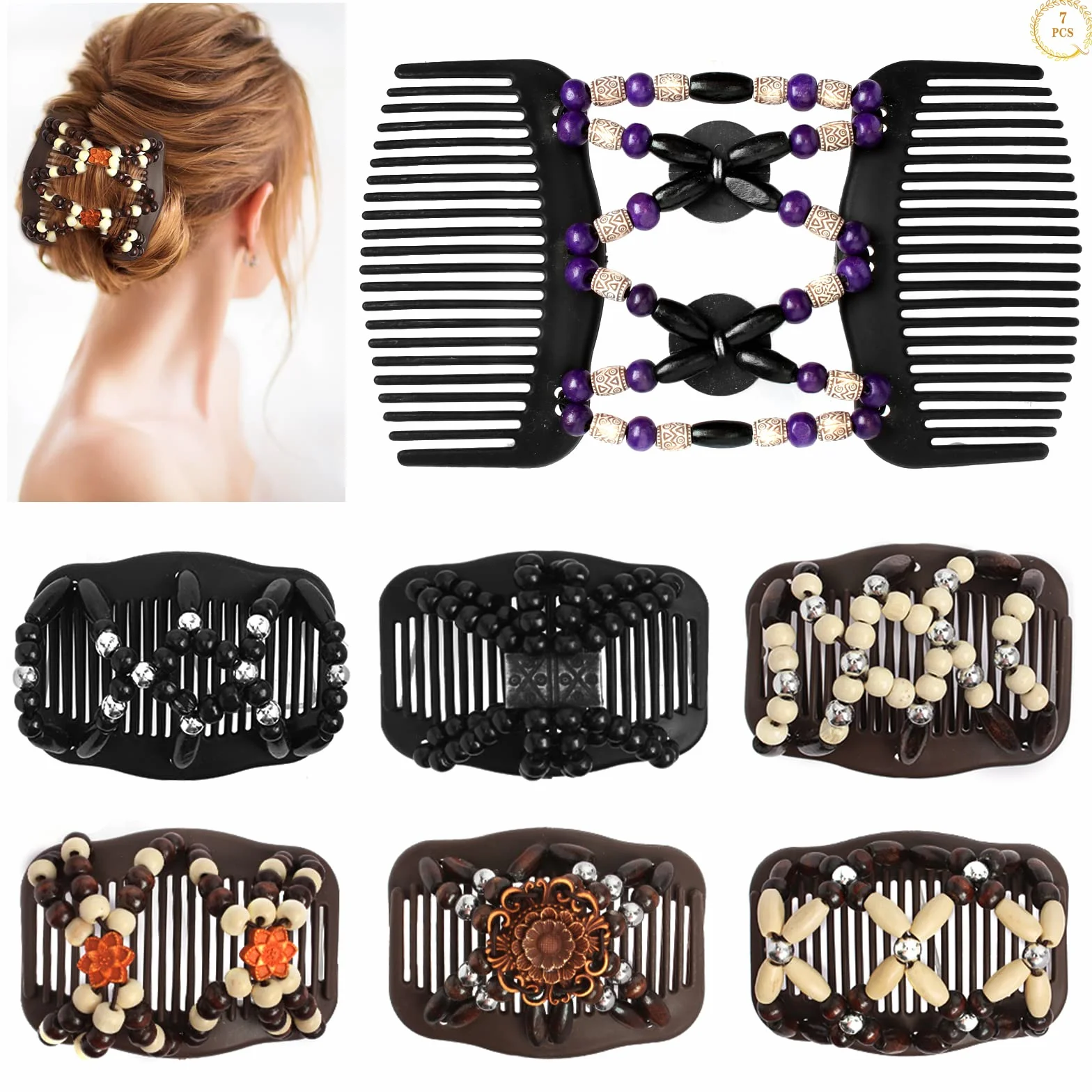 Dadabig 7 pettini per capelli con perline, magia, elastici, doppio pettine estensibile, per capelli africano, per donne e ragazze (7 stili)