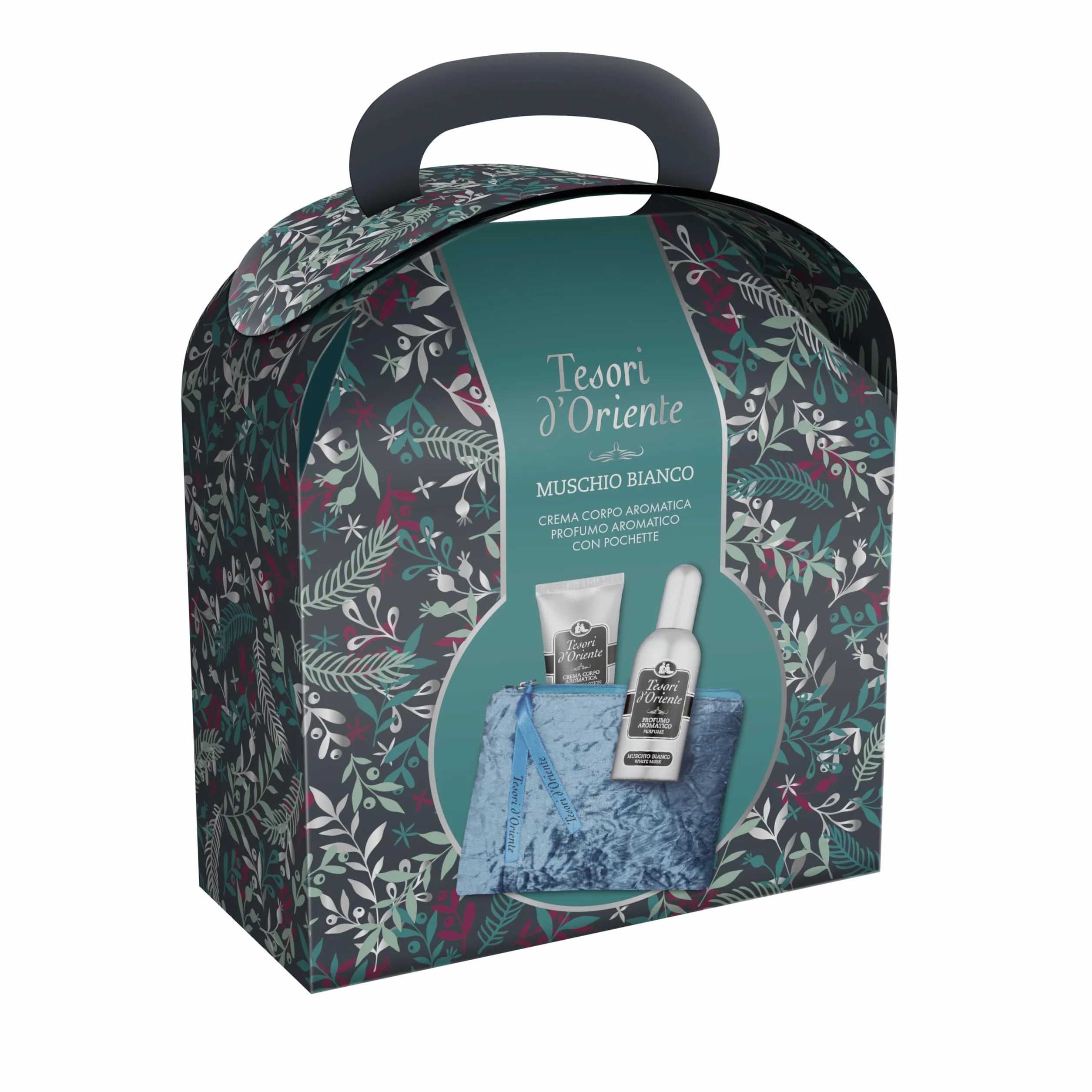 Tesori d'Oriente, Muschio Bianco Set Regalo da Viaggio, Include Profumo Aromatico 100 ml, Crema Corpo Idratante 75 ml, e Pochette Elegante, Fragranze con Note Ambrate e Armoniose che Durano a Lungo