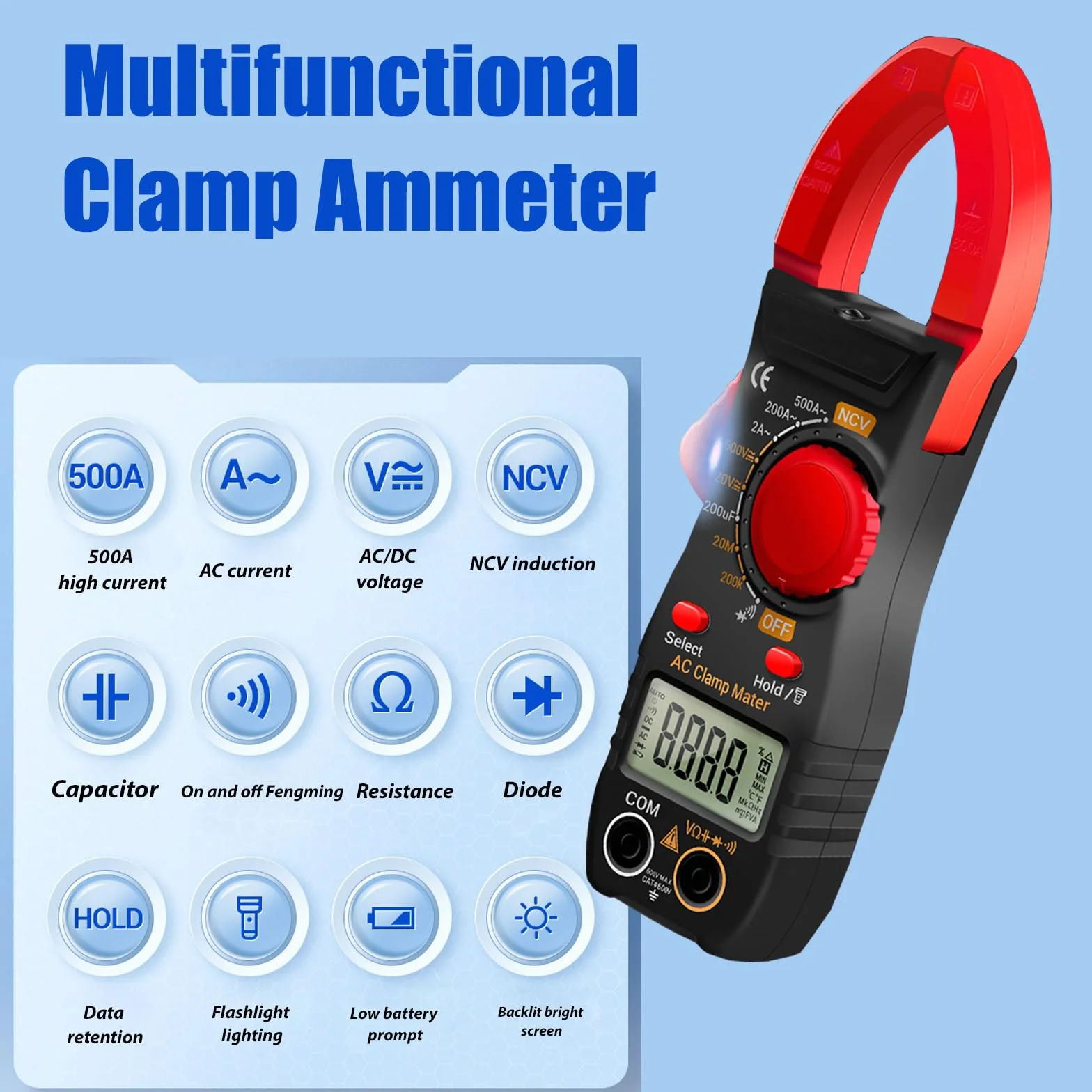 Pinza Amperometrica AC/DC CAT III 600V, True-RMS 2000 Contatori, Misuratore di Corrente 0-500A