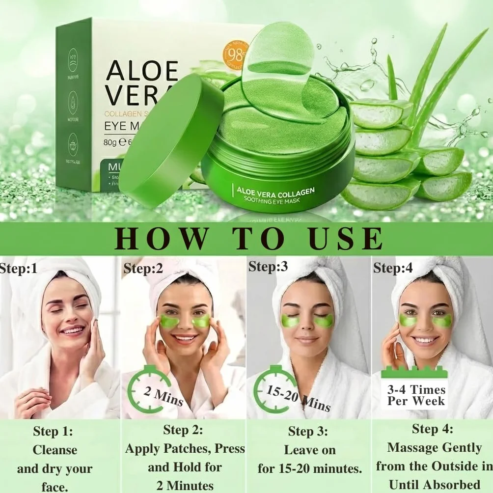 Aloe Vera Patch Occhi Antirughe, 60 Pcs Collagene Patch Occhiaie e Borse, Maschera Occhi Riduce le Rughe e le Linee Sottili, Migliora e Rassoda la Pelle degli Occhi, Contorno Occhi Idratante