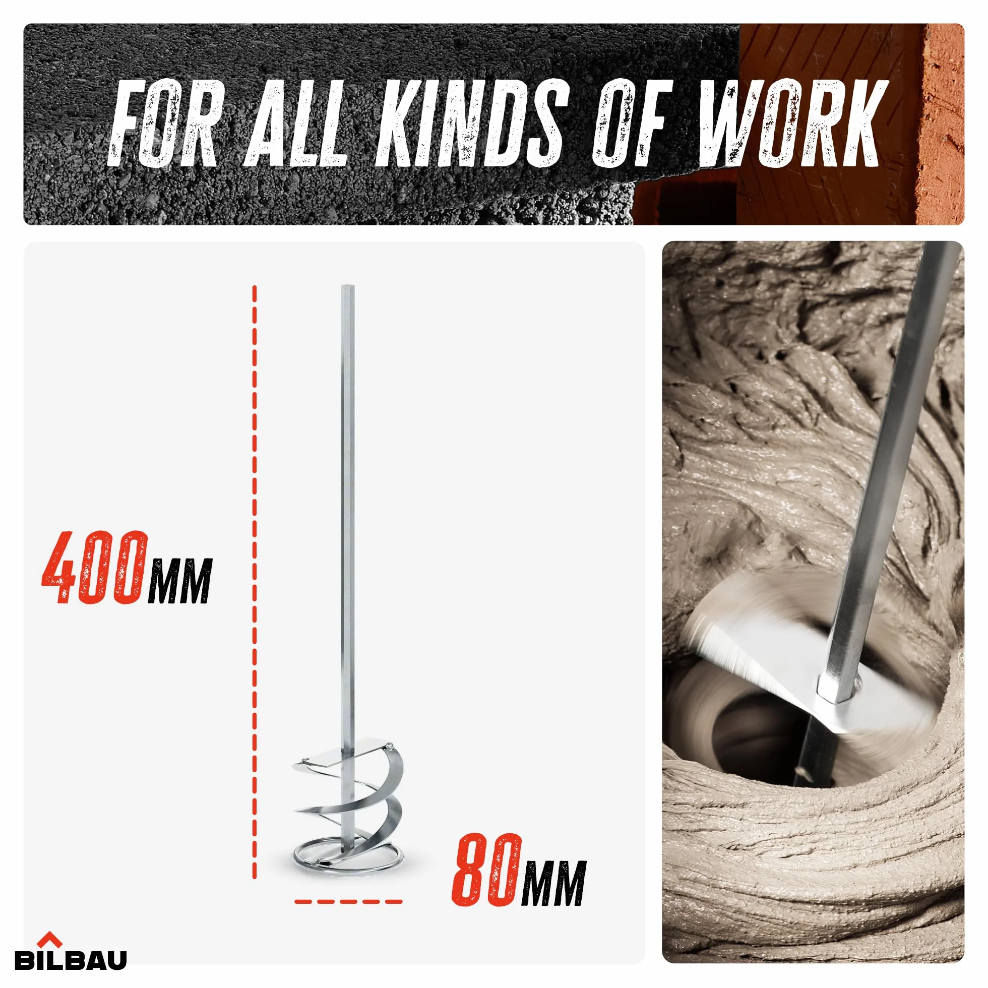 BILBAU Miscelatore per malta 600W 40 cm 80x400 mm filettatura HEX miscelatore a spirale